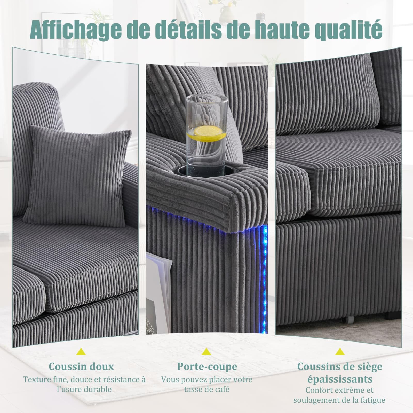 KOMHTOM Canapé 3 Places en L avec 2 Ttiroirs, Tabouret de Rangement, Lampe LED, Port USB/Type-C et Cadre en Bois - Canapé Velours Côtelé Multifonctionnel (Gris foncé, B)