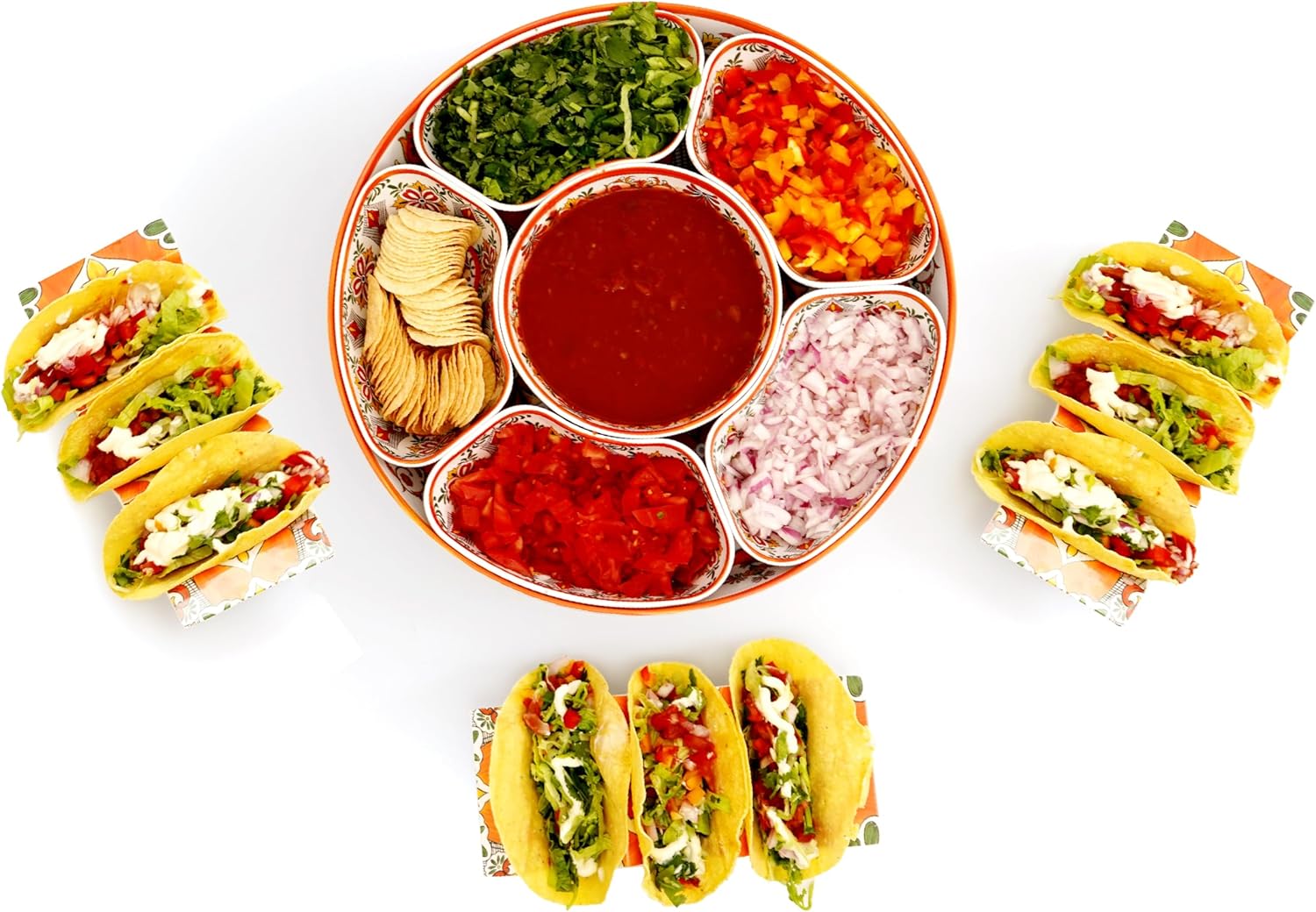 TP Taco Bar Serving Set, Melamine Serving Platter with Lazy Susan, Serving Tray and Bowls, Taco Tuesday Kit Snack Holder for Party and Fiesta, Talavera Bloom