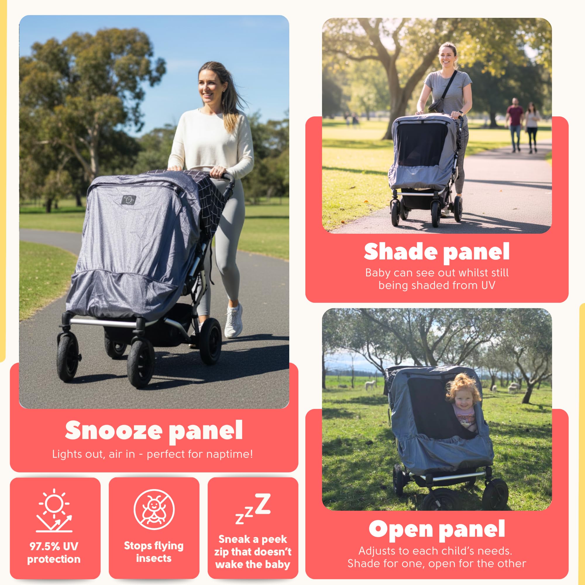 SnoozeShade Pare-Soleil Deluxe Pour Poussette Double - Bloque 97,5% Des UV | Protection Totale Et Sieste Apaisée Pour Jumeaux