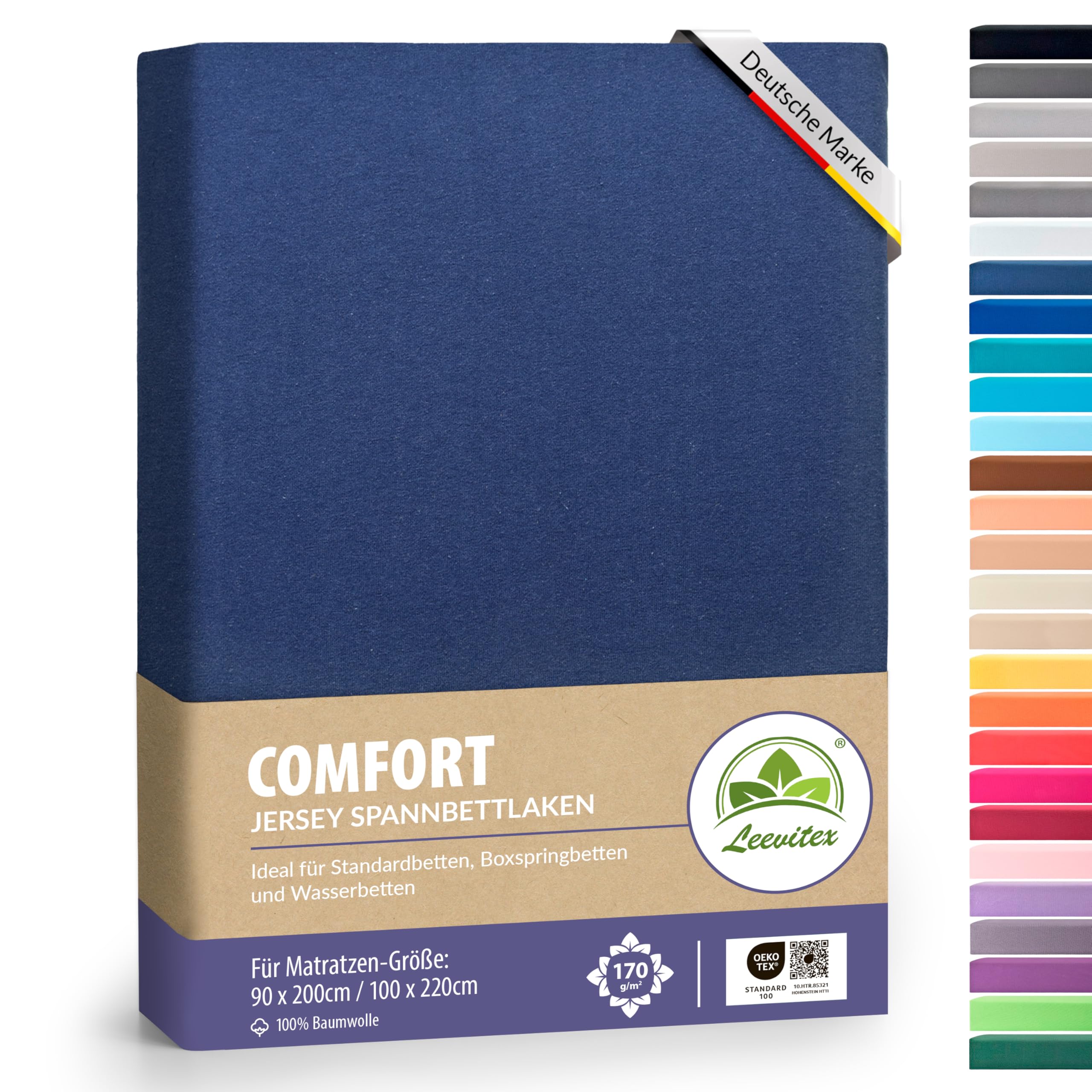 leevitex® Premium Spannbettlaken 90x200-100x220 cm - 40 cm Steg - auch für Boxspringbett & Wasserbett | 100% Mako-Jersey-Baumwolle | ÖKO-TEX | 170g/m² | Navyblau/Marine