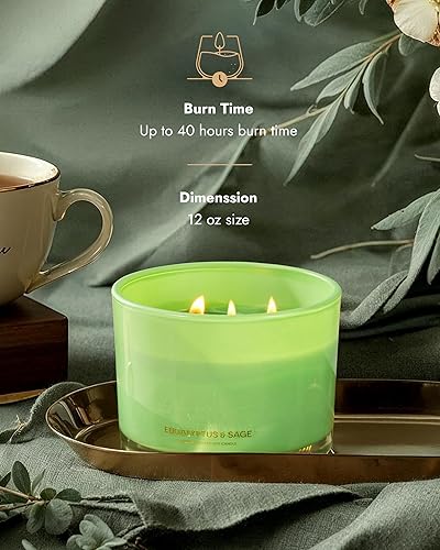 Miniatura 3 de 96NORTH Vela de soja de eucalipto y salvia de lujo, vela grande en tarro de 3 mechas, hasta 50 horas de tiempo de combustión, cera de soja 100%