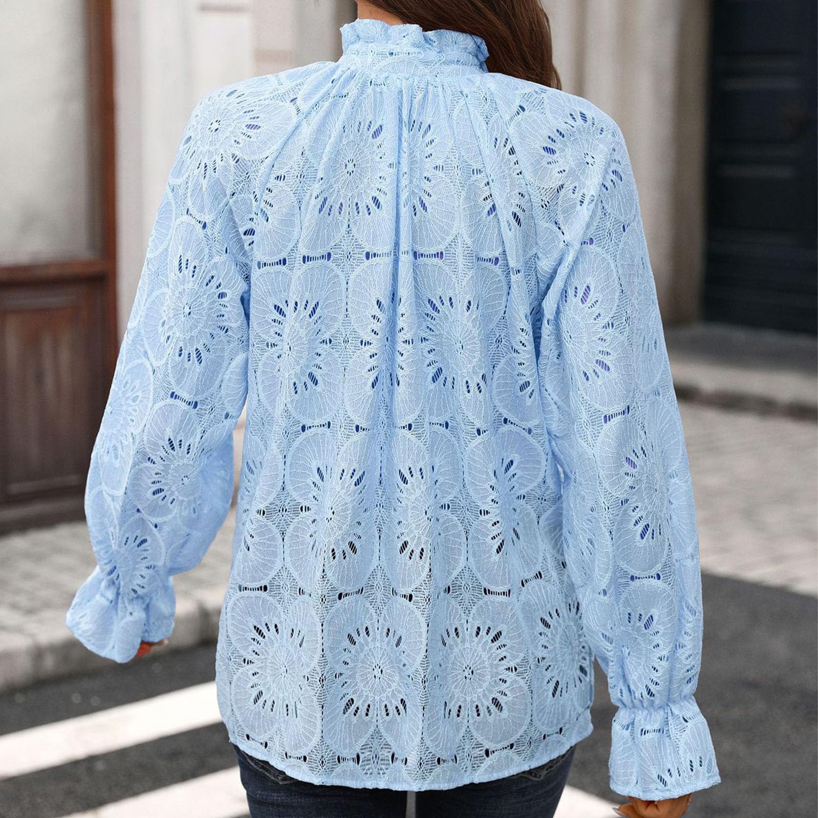 Blusa para Mujer con Cuello en V, Volantes, Encaje Calado y Mangas con puño