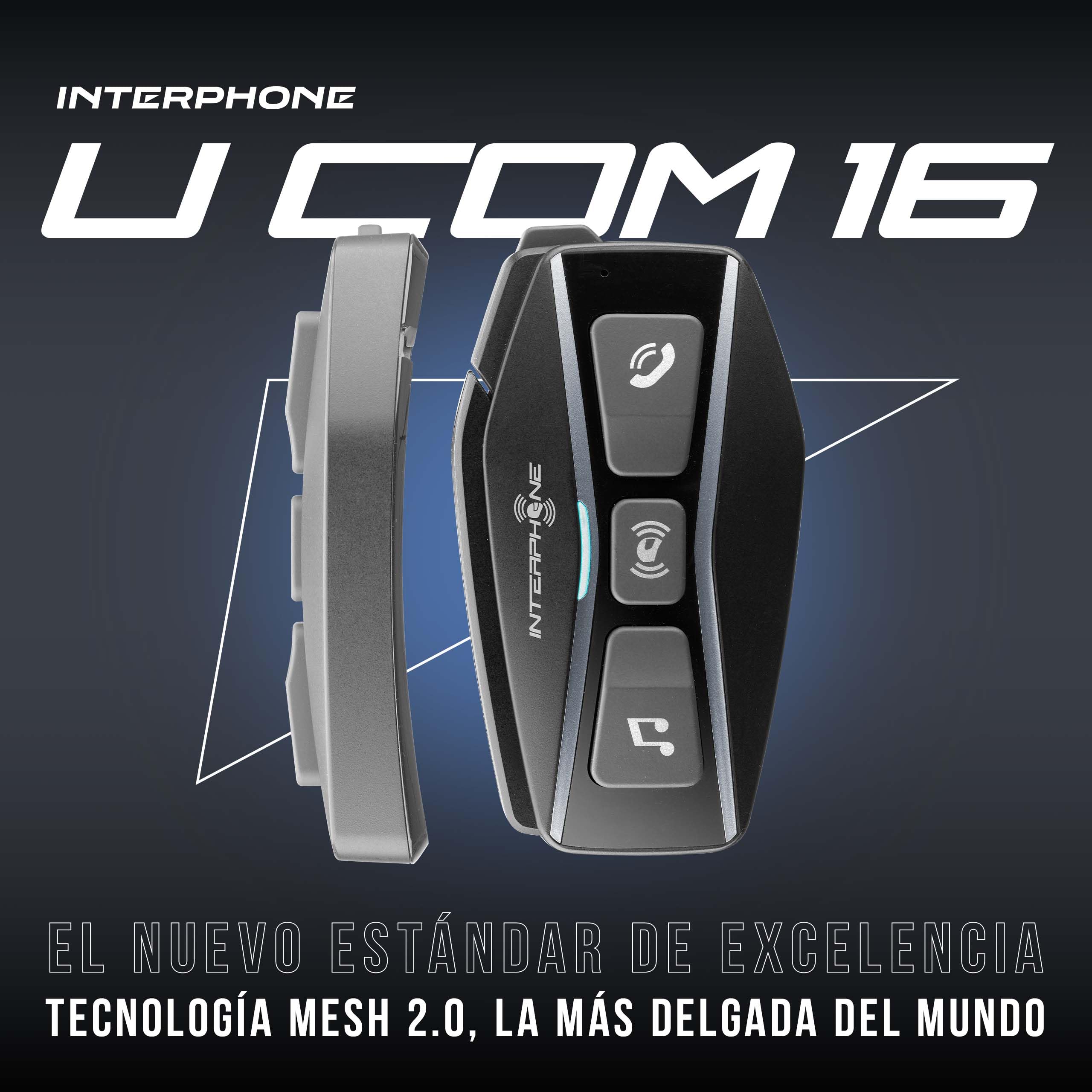 INTERPHONE U-COM 16 Intercomunicador casco moto con tecnología Mesh 2.0 para 24 dispositivos a 1,6 km, intercomunicador con Bluetooth 5.0 para GPS, llamadas y música, intercom, 15 h de autonomía, IP67