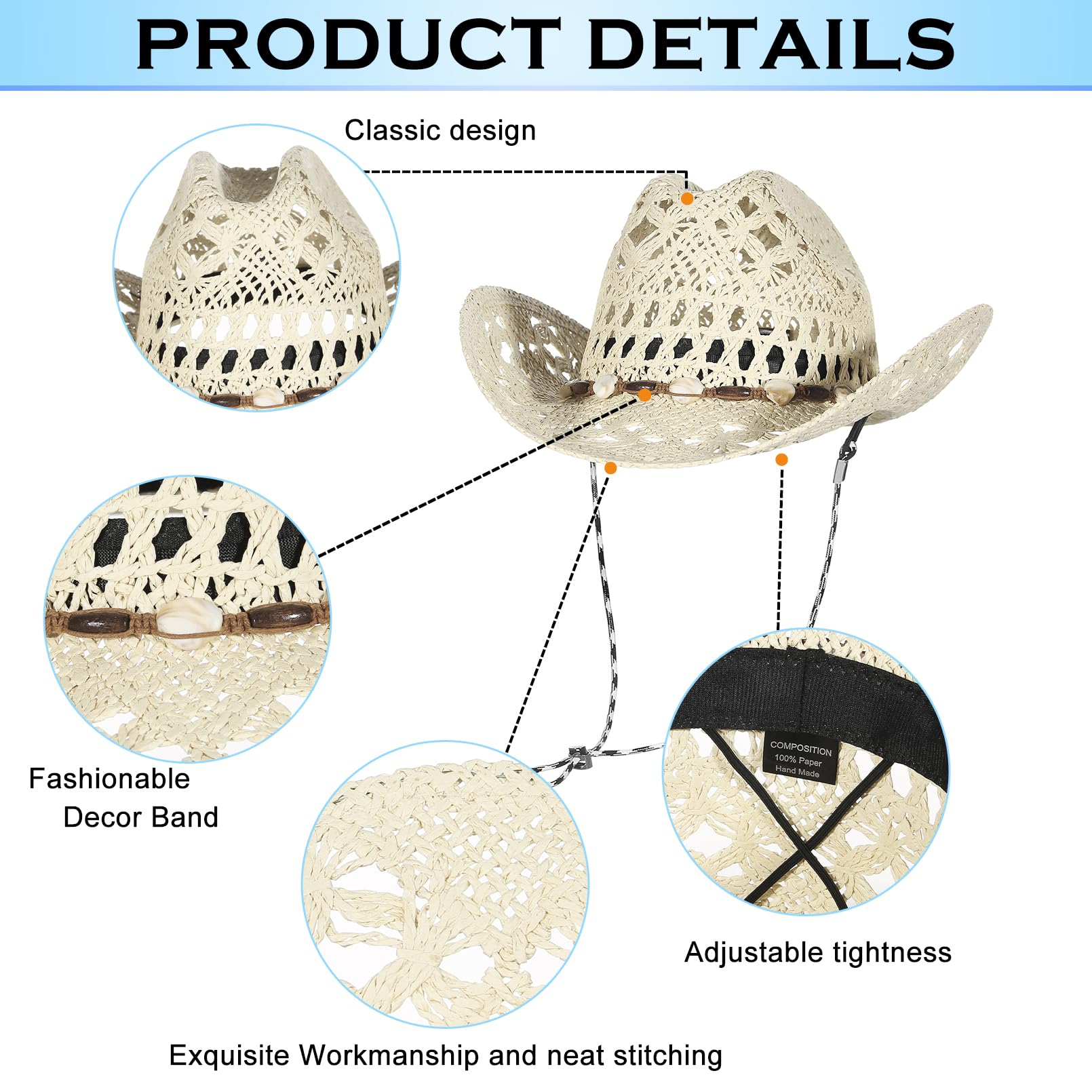 EOZY Chapeaux de paille tissés à la main de style western pour homme et femme - Chapeau panama avec large bord et bord replié pour le voyage