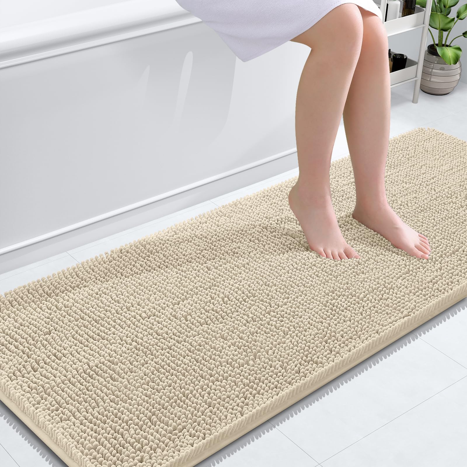 OLANLY Bathroom Runner Rugs 59x24, Extra Soft Absorbent Chenille Bath Rugs | Sand, Quick-Drying Rubber Backing, Machine Washable Long Bath Mat for Bathroom Floor, Tub and Shower, Home Decor Accessories