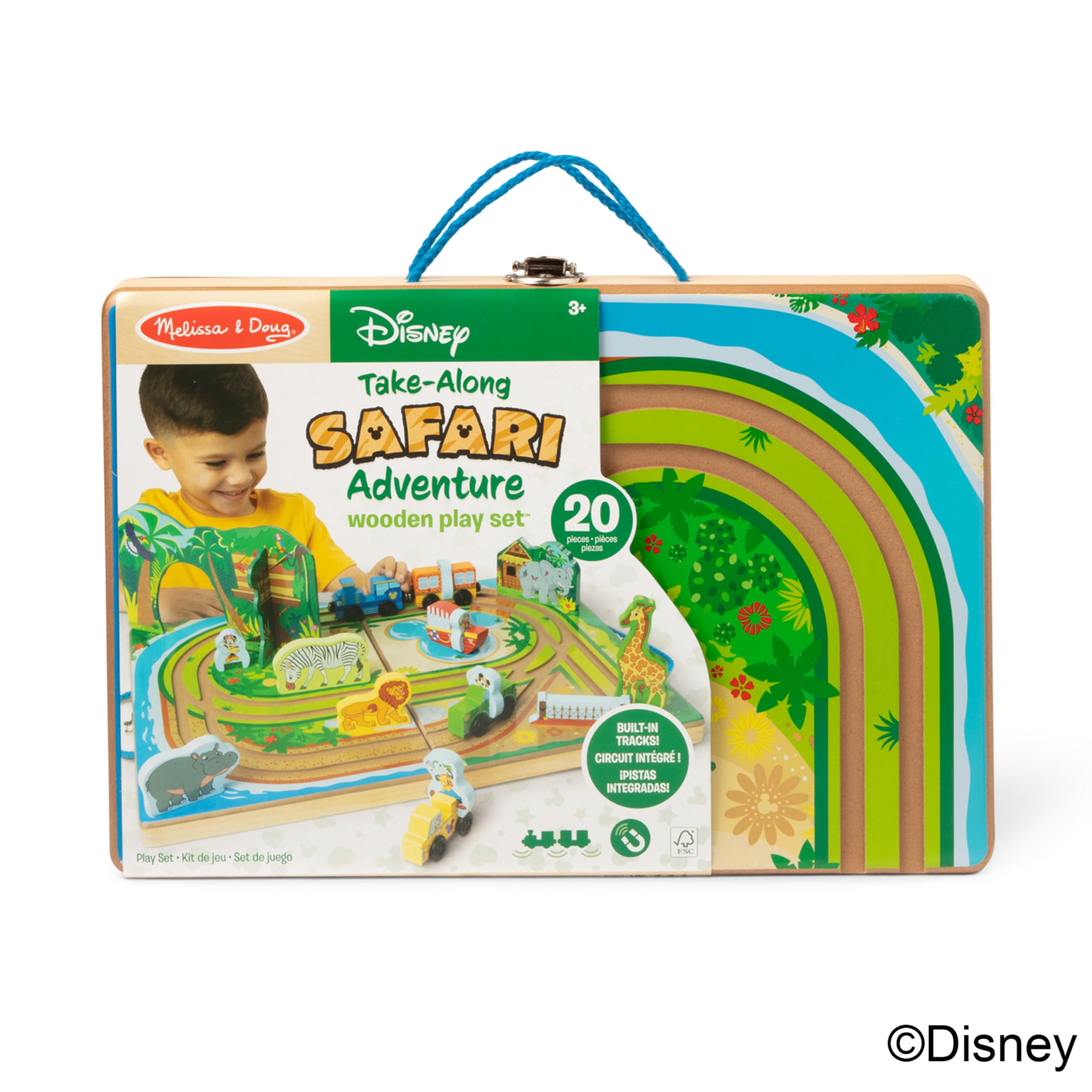 Melissa & Doug Disney Take-Along Safari Adventure - Set da gioco in legno con binari integrati, 20 pezzi, Topolino, Minnie, giocattolo in legno per bambini e bambine dai 3 anni in su, certificato FSC