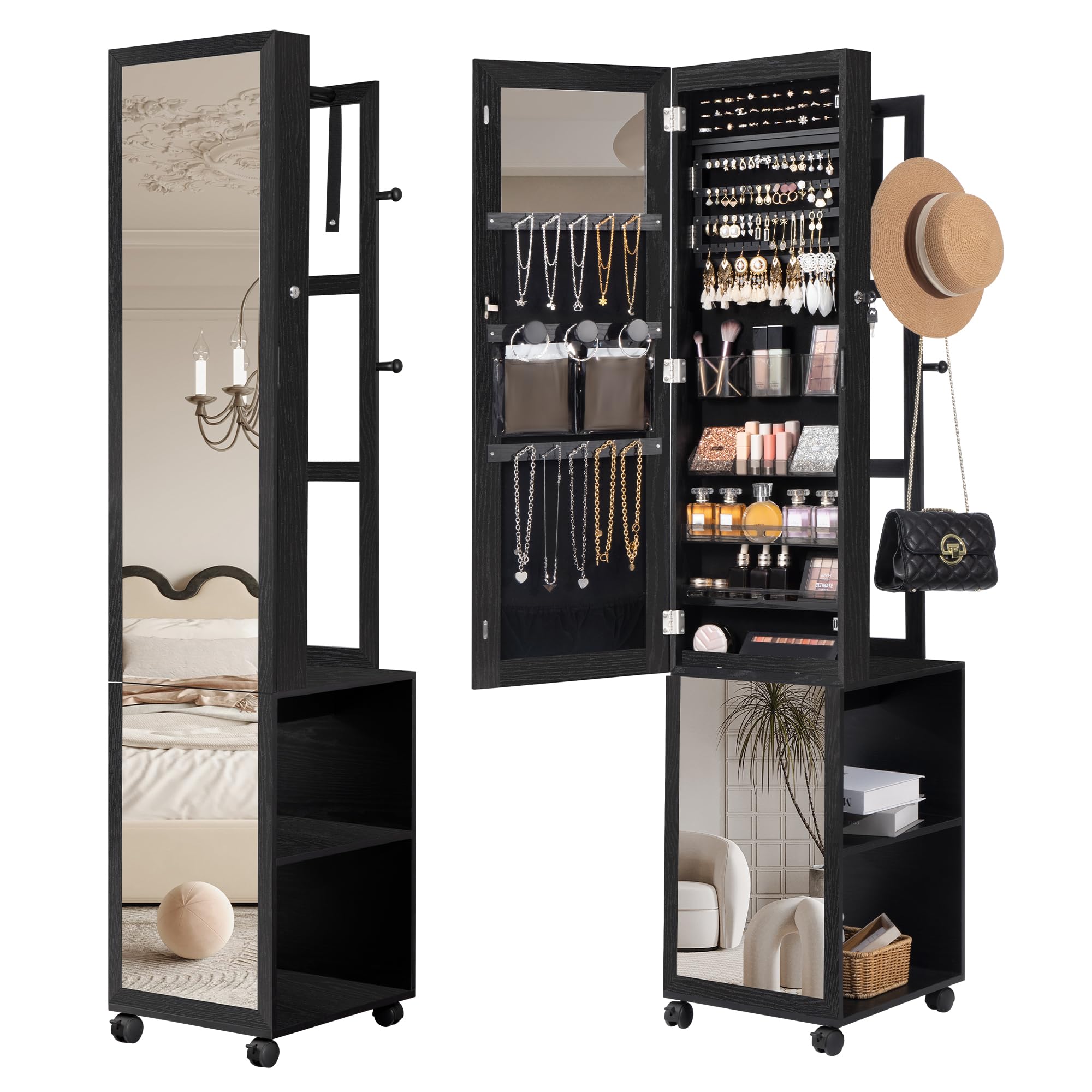 Hzuaneri Schmuckschrank, Spiegelschrank, stehender Schmuck-Organizer mit 1 Kleiderständer, 3-stufige Ablageflächen mit 4 Kleiderhaken, Schwarz JC17004B