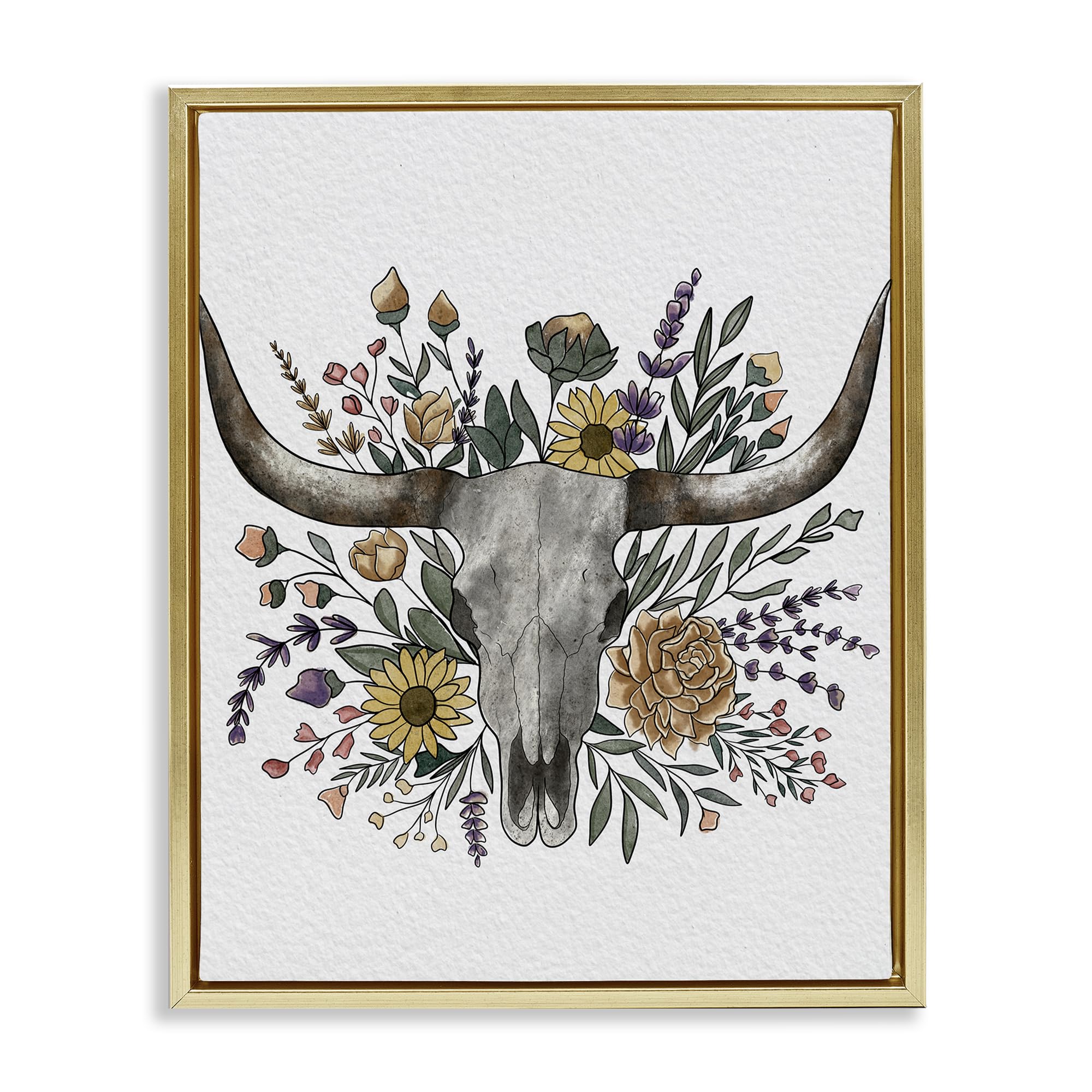 Stupell Industries Metallic Gold (Matte) 'Boho Wildflower Longhorn'| Floating Frame Canvas Art