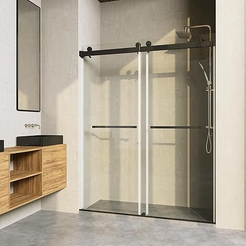 Miniatura 2 de CRISSENSSI Puerta de ducha sin marco, 56"-60" de ancho, 76" de alto, 38" (10mm) vidrio templado transparente con toallero, puerta corredera doble,