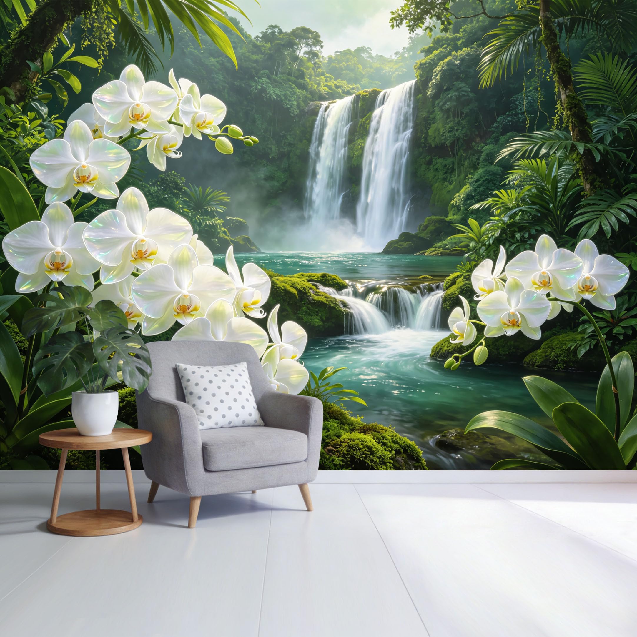 Custom Size Wall Mural Tropical Orchid Waterfall Jungle Landscape SelfAdhesive Wall Fabric Removable Wallpaper for Home Office Decor