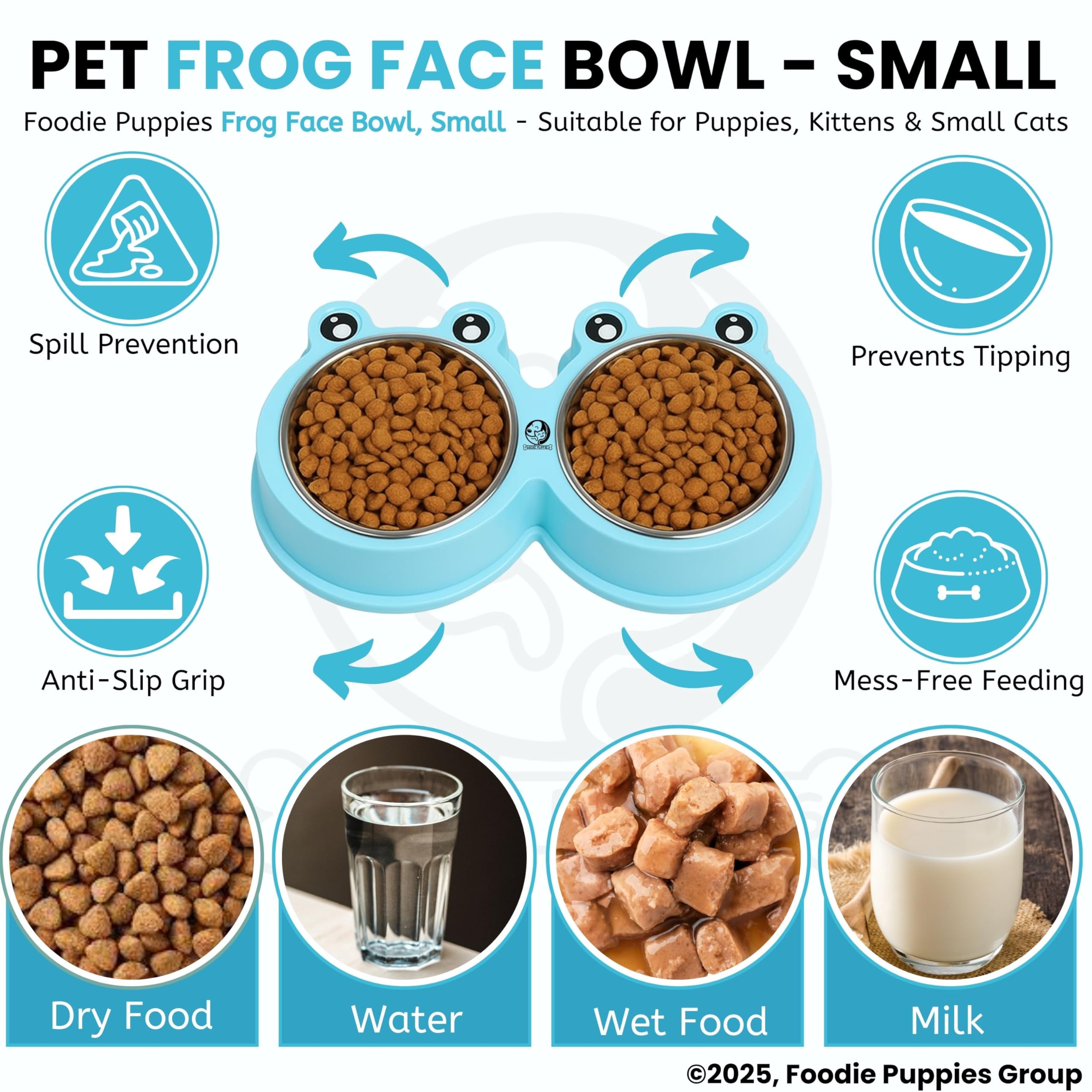 Foodie Puppies 2-in-1 Food and Water Bowl for Cats and Kittens - (Frog Bowl, Small) 200ml Each | Non-Slip, Non-Toxic Pet Feeding Plastic Frog Face Shaped Double Bowl Food & Water Feeder 3