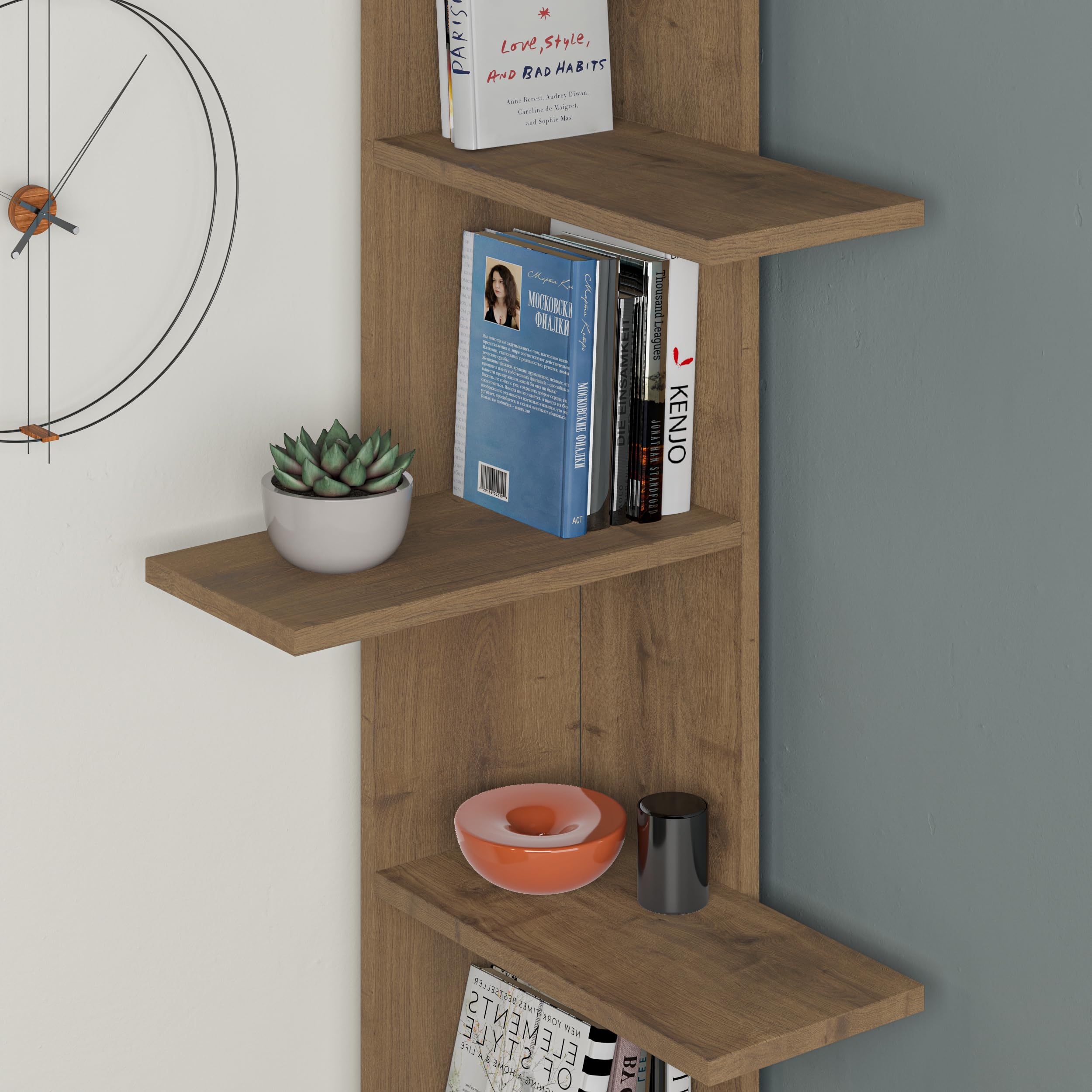 HOCUS PICUS Eck-Bücherregal Aus Holzwerkstoff – 5 Ebenen, 141x37x24 Cm, Dunkler Eicheneffekt, Einfach Montierbar, Für Wohnzimmer & Büro