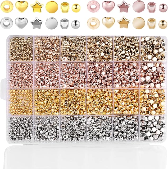 AIEX 2400pcs Spacer Beads Set, Loose Beads Heart Star Cylinder Round Beads for Bracelet Necklace Jewelry Making Arts Crafts(4 Colors, 6 Styles)
