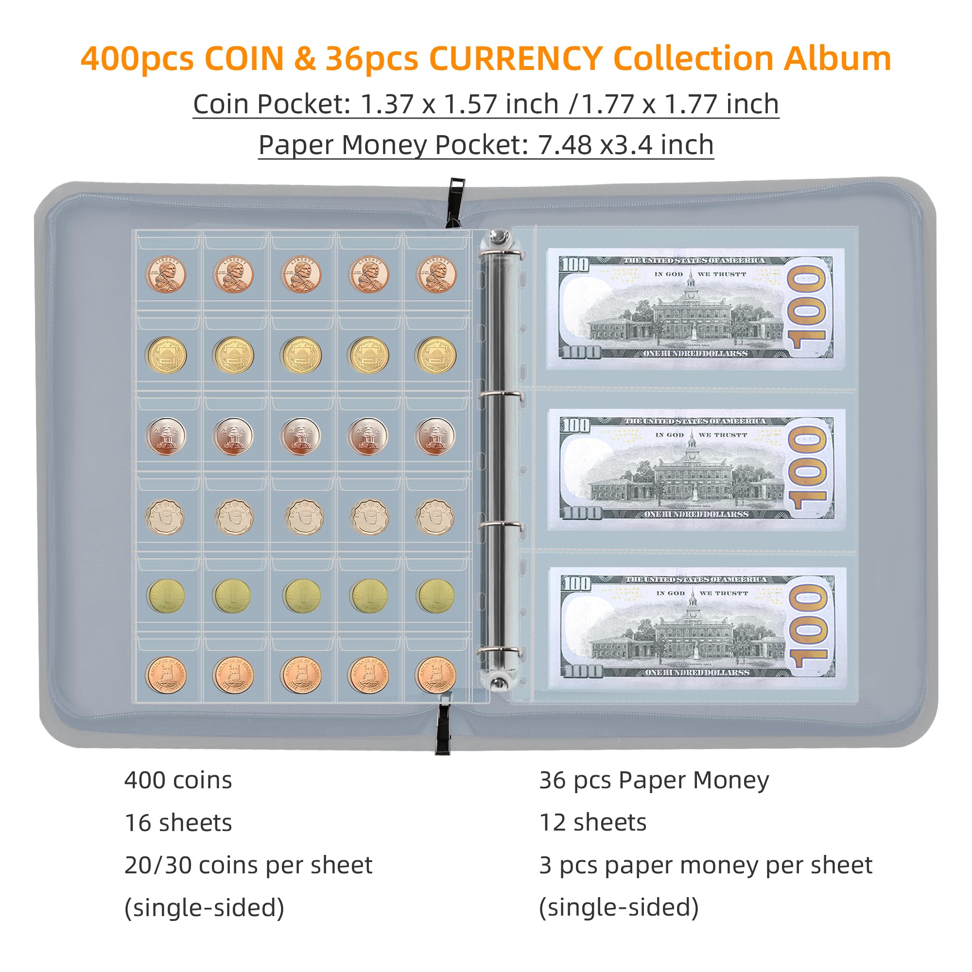 Album de collection de pièces de monnaie pour collectionneurs, 400 pochettes ignifuges et 36 billets en papier pour fournitures de collection de pièces de monnaie, centimes, billets, jetons, badges