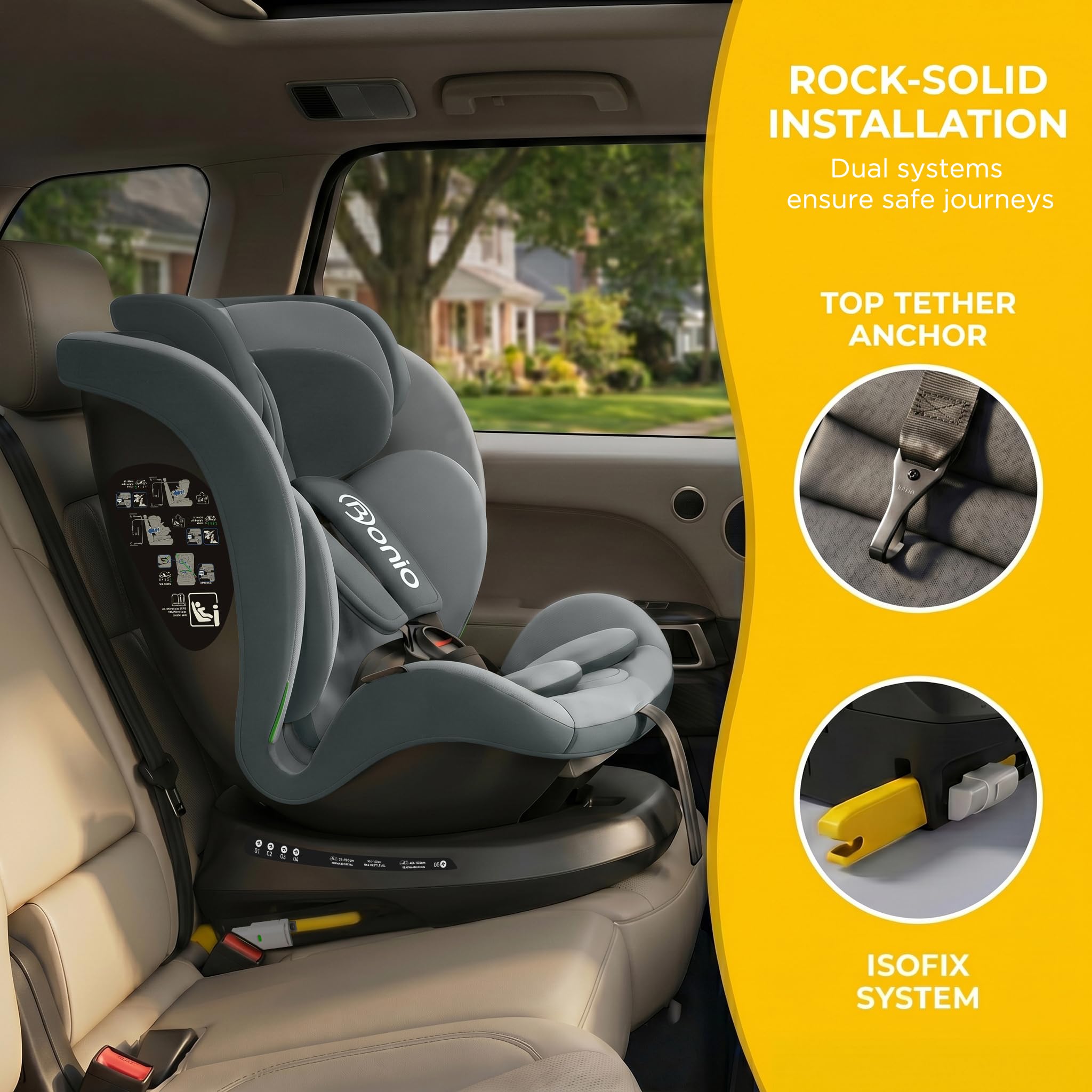 Bonio Kindersitz I-SIZE 40-150 cm 360 grad drehbar mit Isofix (Grau) | bis 105 cm Reboarder ab Geburt 0-12 Jahre, 0-36kg, 5 Sitz- und Ruhepositionen Praktisch