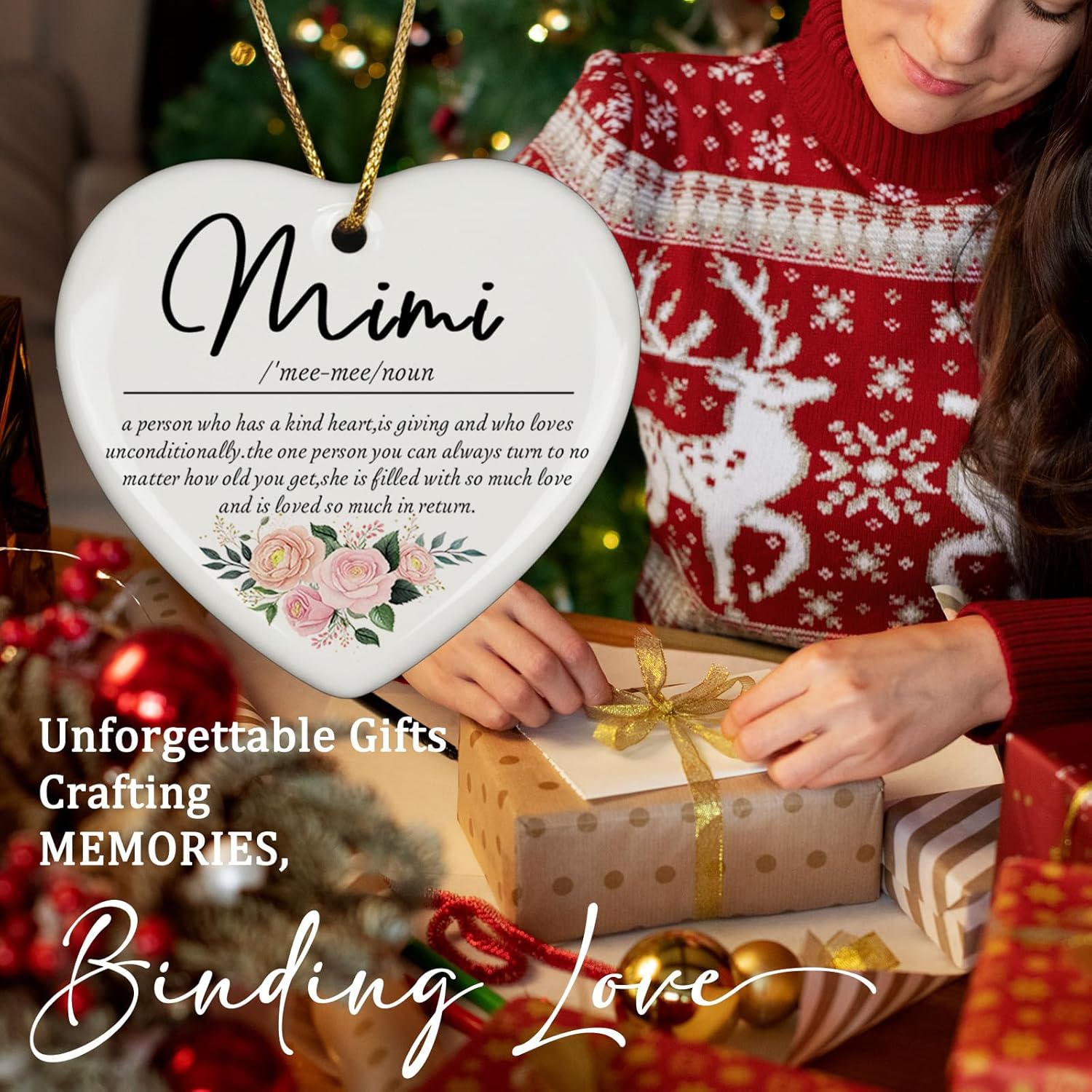 Mimi Grandma Christmas Ceramic Ornaments Gifts，Mimi Definition Appreciation Gifts for Grandma Grandmother, Floral Hanging Heart Ornament Keepsake for Tree Car, Rustic Holiday Decorations 3in - Image 4