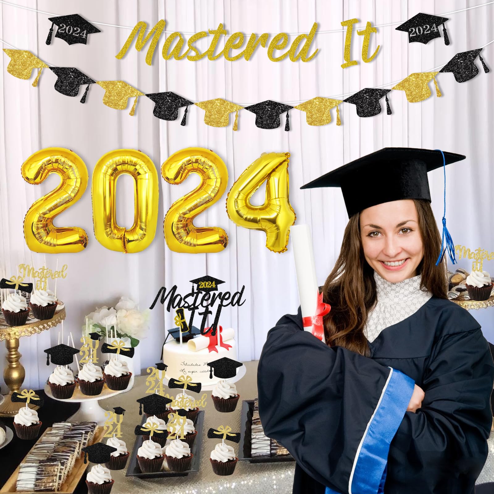 4 Ghirlande Per Laurea Oro E Nero 6 M Ciascuna - Striscioni In PET Con Stelle Glitterate Per Decorazioni - 6