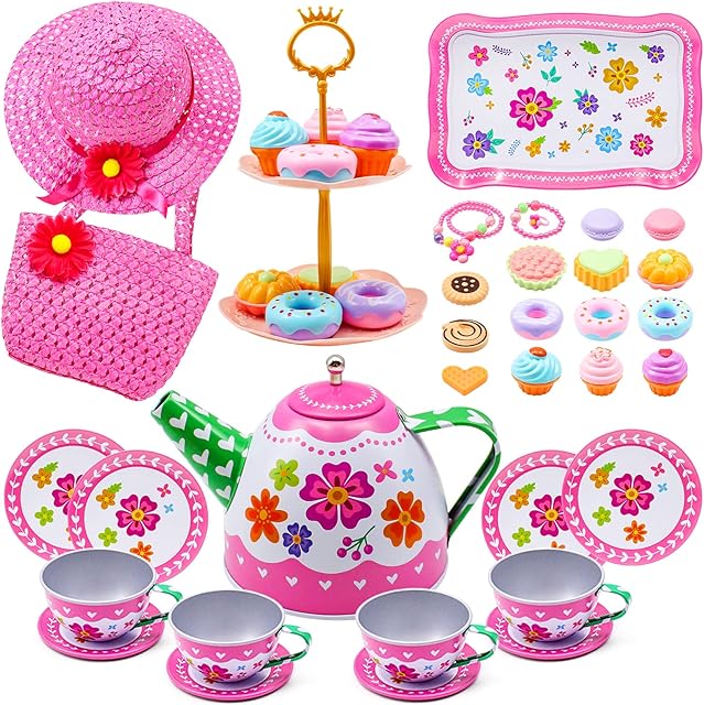 34PCS Kids Tea Party Set for Little Girls, Princess Pretend Play Toy Tin Tea Set, Dessert Teapot Dishes Playset, Flower Hat & Purse, Jewelry Sets Birthday Gift Toys for Girls Toddlers Children Ages 3+