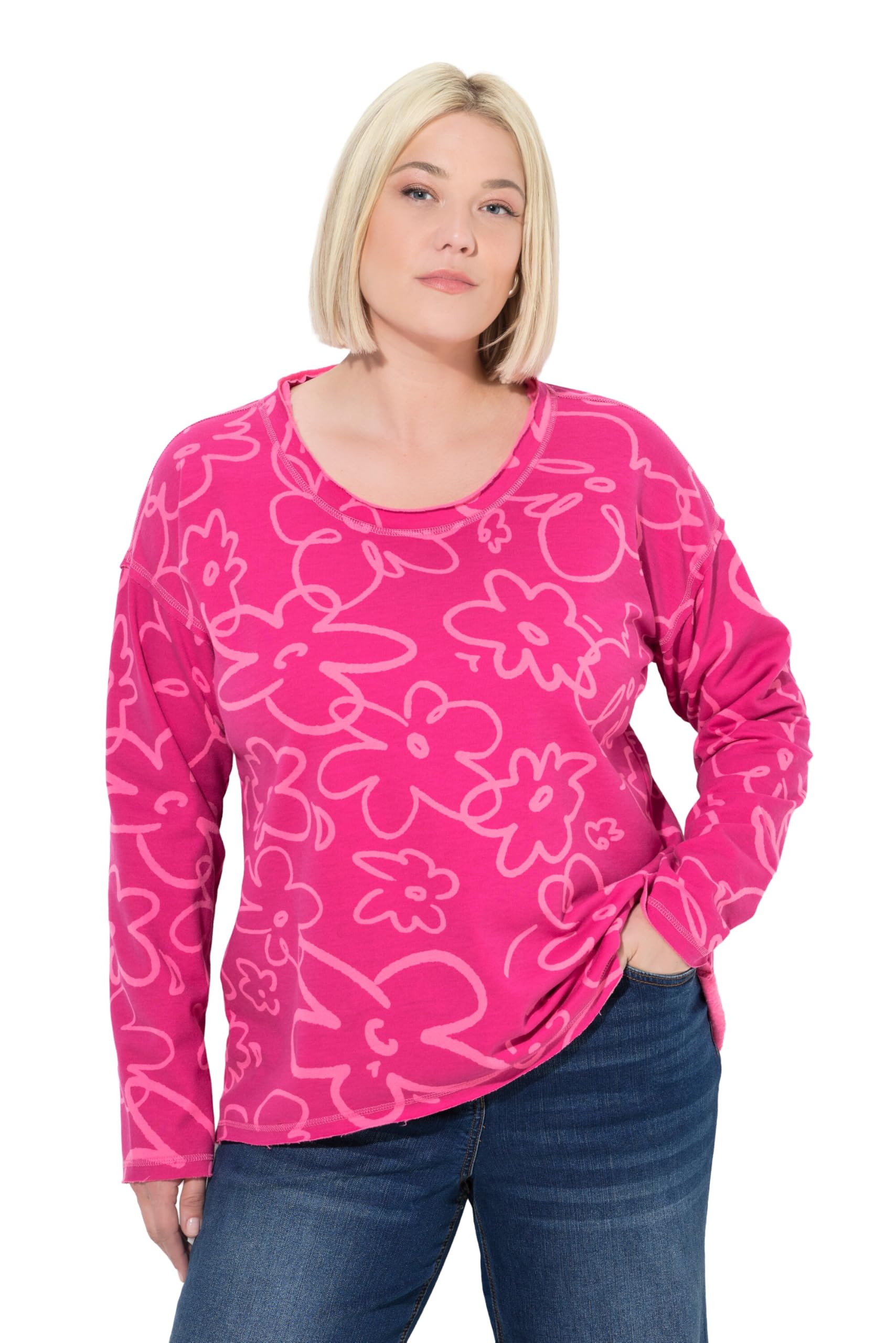 Ulla Popken Damen große Größen Übergrößen Plus Size Sweatshirt, Blüten, Rundhals, Langarm, Rollkanten 844268