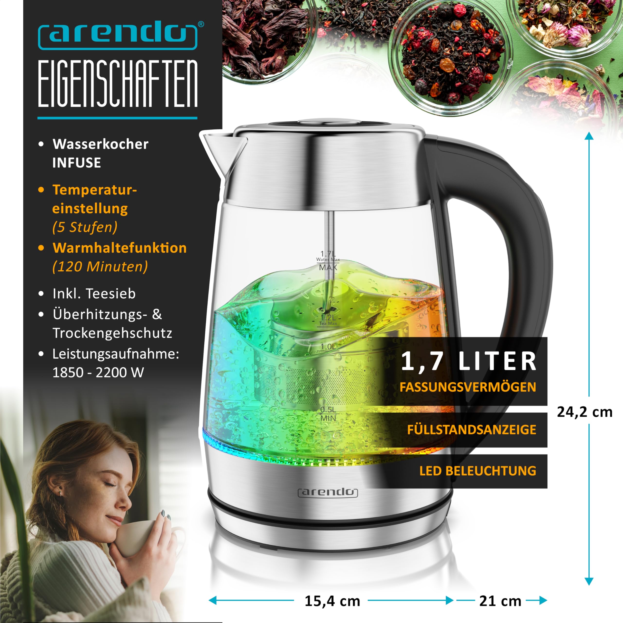 Arendo - 2in1 Glas Wasserkocher und Teekocher mit Temperatureinstellung – 1,7 Liter – Teesieb – Glas und Edelstahl – 5 Temperaturen – temperaturabhängige LED-Darstellung – Warmhalten bis zu 2 Stunden
