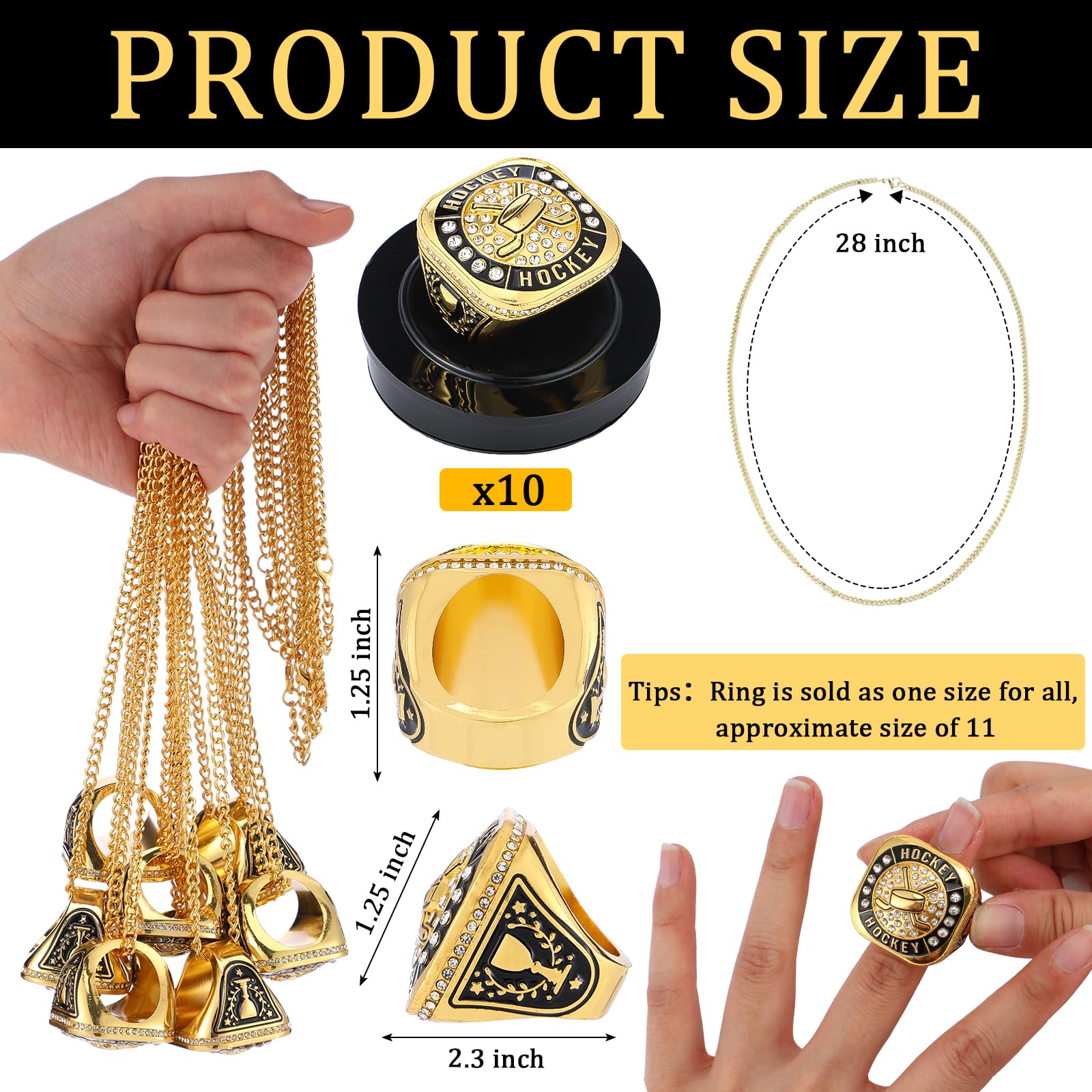 Highergo Juego de 10 anillos de trofeo de fútbol, voleibol, béisbol, MVP, campeonato de golf, con soporte de cadena de exhibición, sóftbol, baloncesto, animadoras, bolos, pista de campo para regalo de