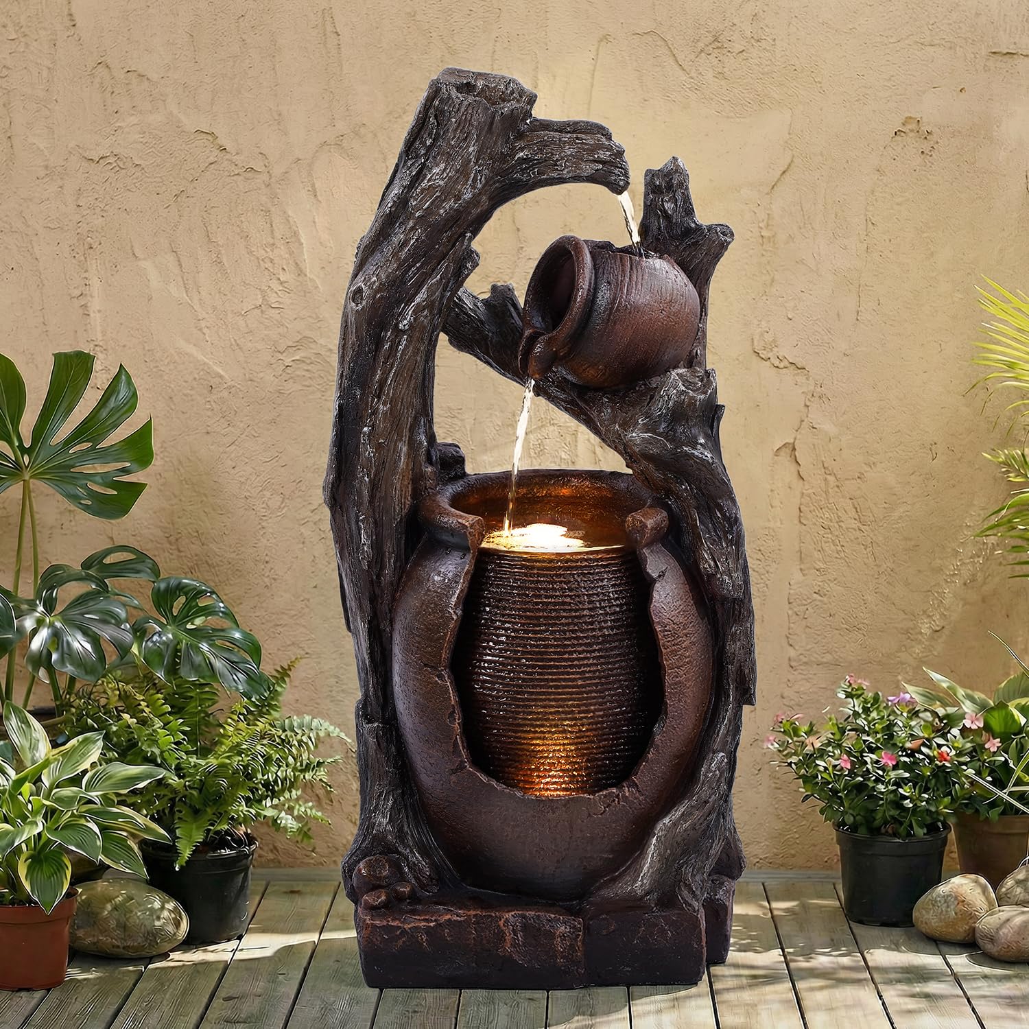 Jocoevol 32" H Outdoor Water Fountain, 2-Tiers Clay Pot Waterfall Fountain