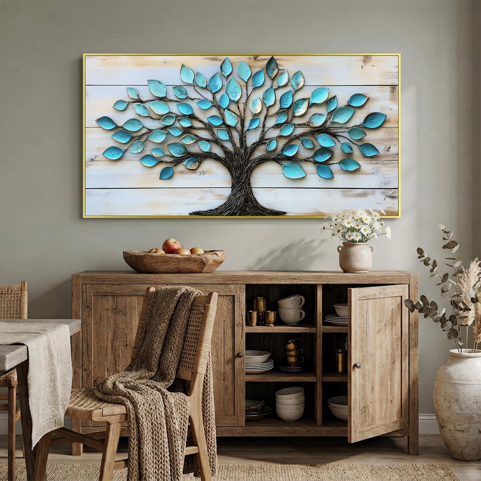 Photo 1 of MooMel Tree of Life Canvas Wall Art, Teal Leaf Gold Framed 20"x40"