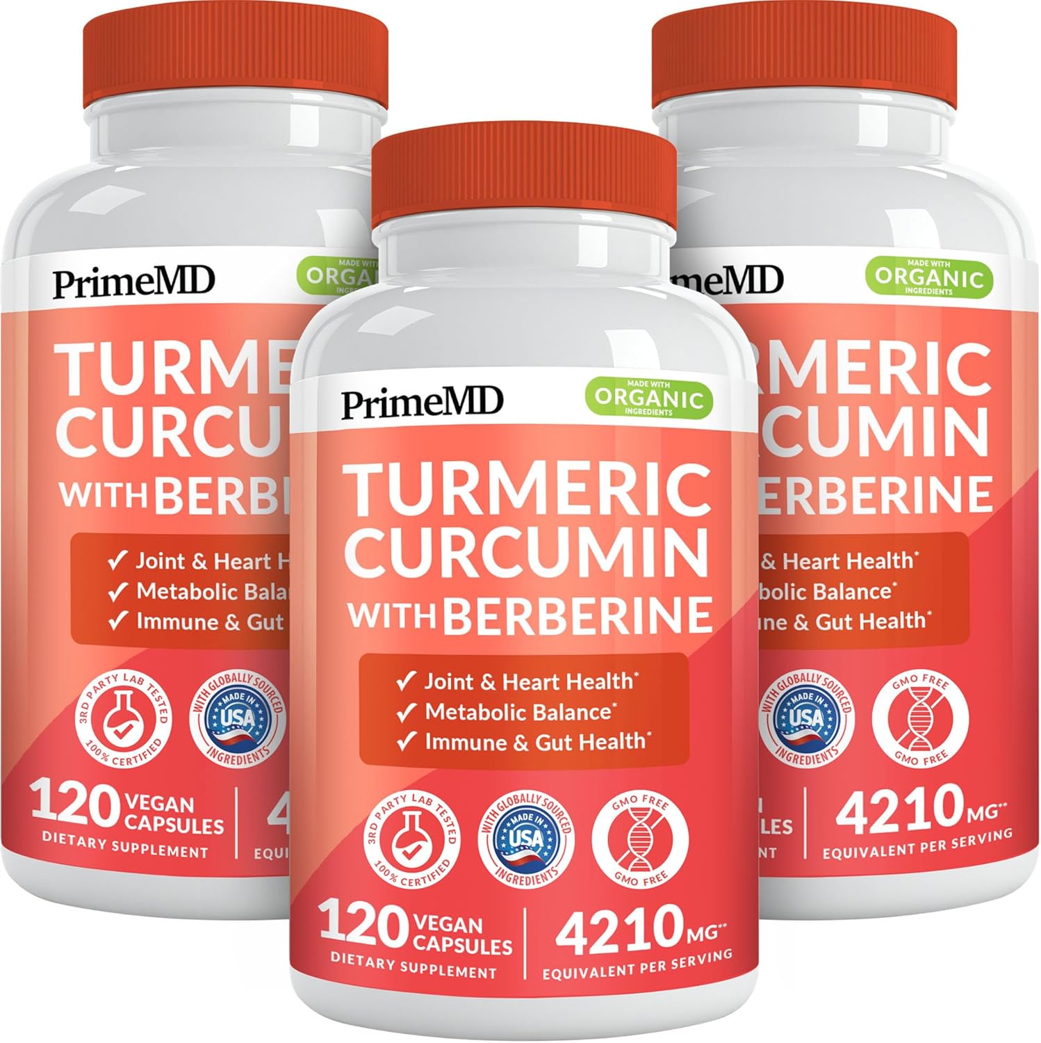 5-in-1 Organic Turmeric Curcumin Supplement (4210mg) with Berberine, Ceylon Cinnamon Bioperine and Ginger Supplements for Joint, Heart, Gut, & Metabolic Support (60 Servings) (Pack of 3)