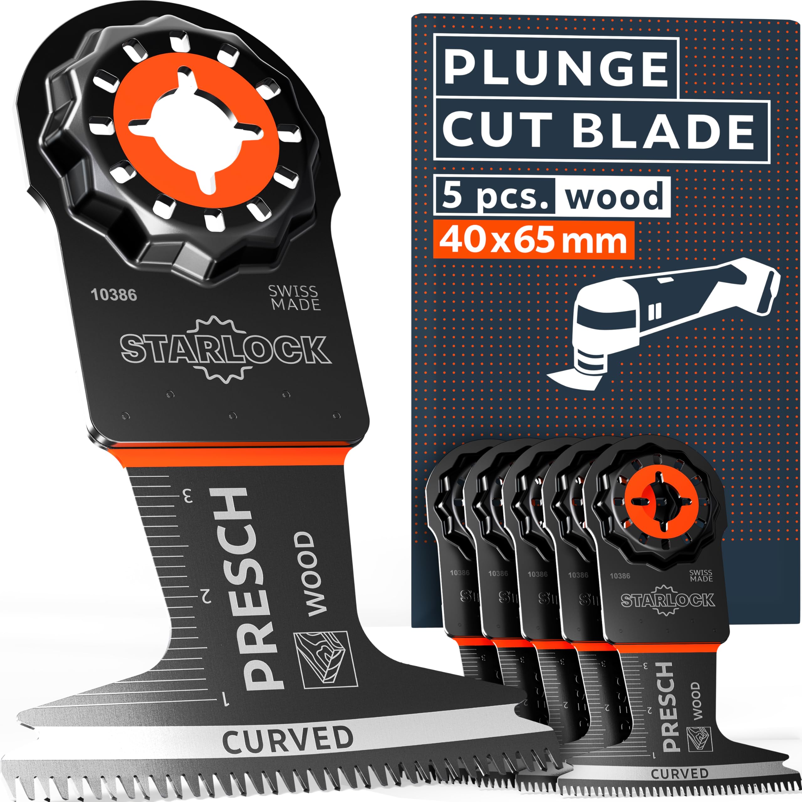 Presch Multitool Blades for Wood 40x65mm 5 pcs., Starlock Multitool blades for tool-free replacement, Clean