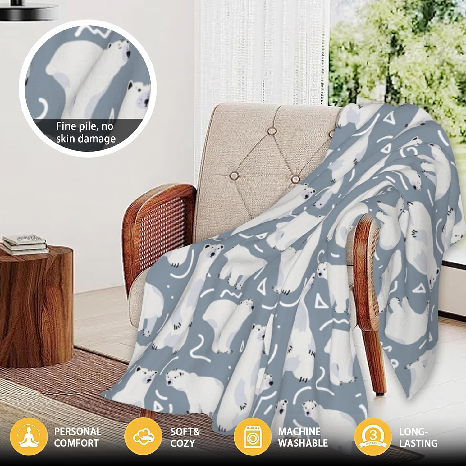 Cute Polar Bear Throw Blanket Soft Warm Cozy Lightweight Flannel Blanket for Bedding Sofa Travel 50"X60" - Image 3