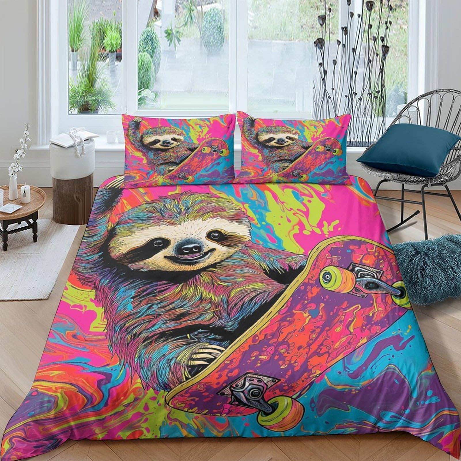GPLZQXKJNH 3D Printed Colourful Sloth Skateboard Duvet Cover Microfiber Soft Breathable Graffiti Bedding Set with 2 Pillowcases for Bedroom Decor Single（135x200cm）