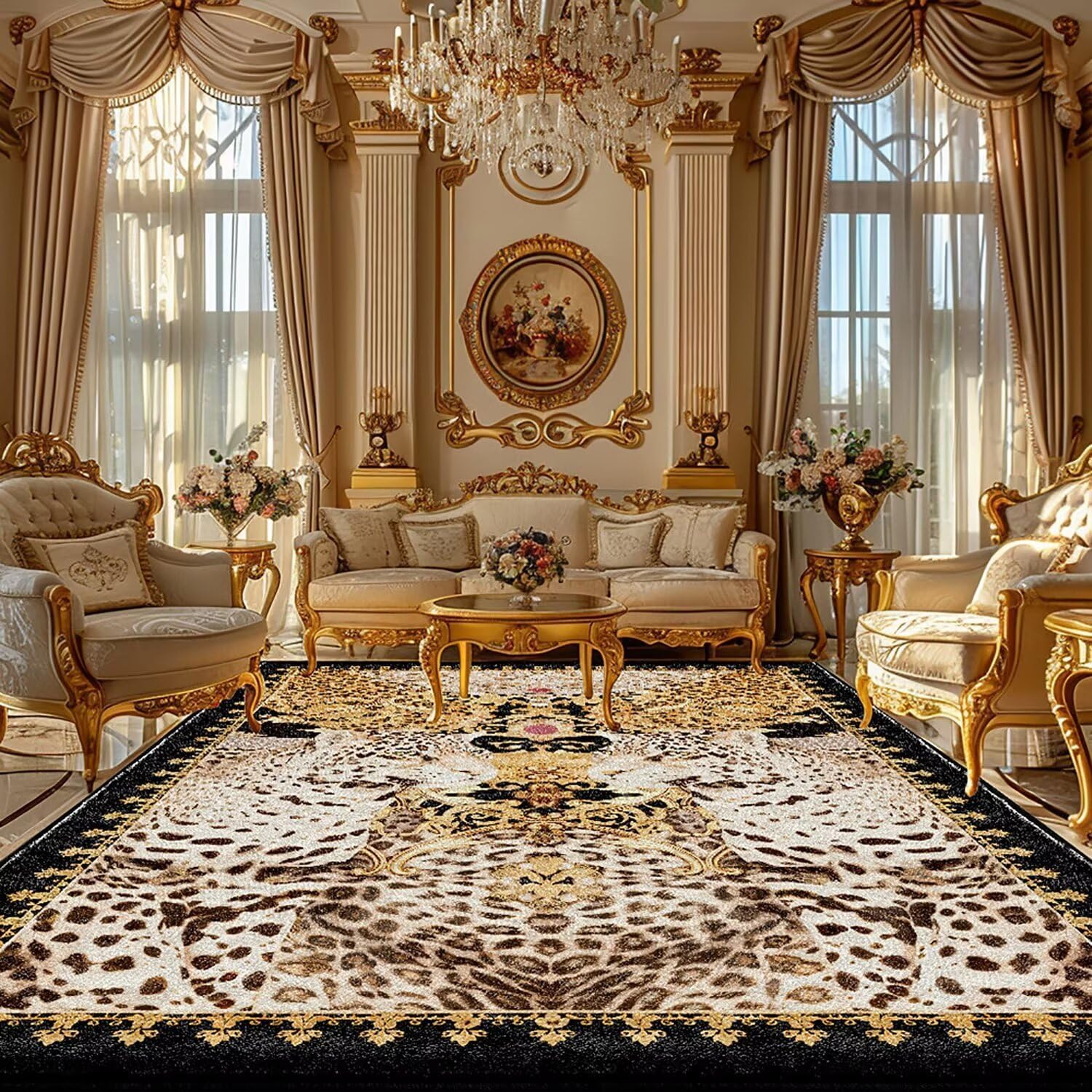 Luxurious Cheetah Print Rug for Bedroom 2x3 ft Small Gold Black Leopard Print Area Rug for Bathroom Washable Door Mat Non-Slip Animal Skin Rug