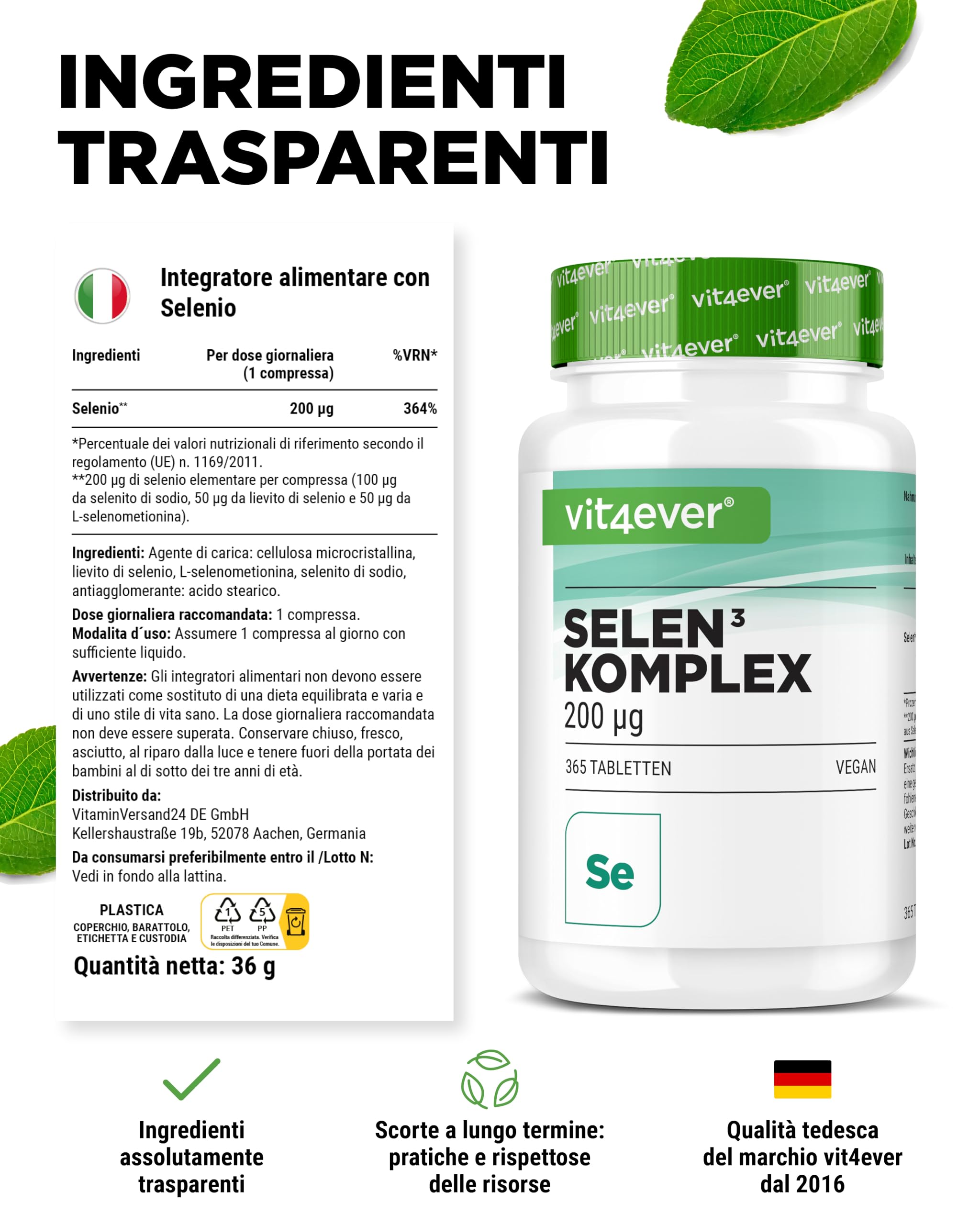 Selenio 3-fold complex - 365 compresse da 200 µg ciascuna - Premium: Selenite di sodio, L-selenometionina, lievito di selenio - Vegan - Altamente dosato