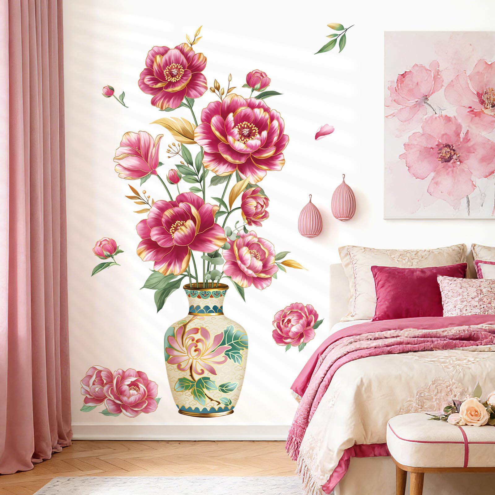 decalmile Flower Vase Red Gold Peony Floral Bedroom Wall Decals Stickers