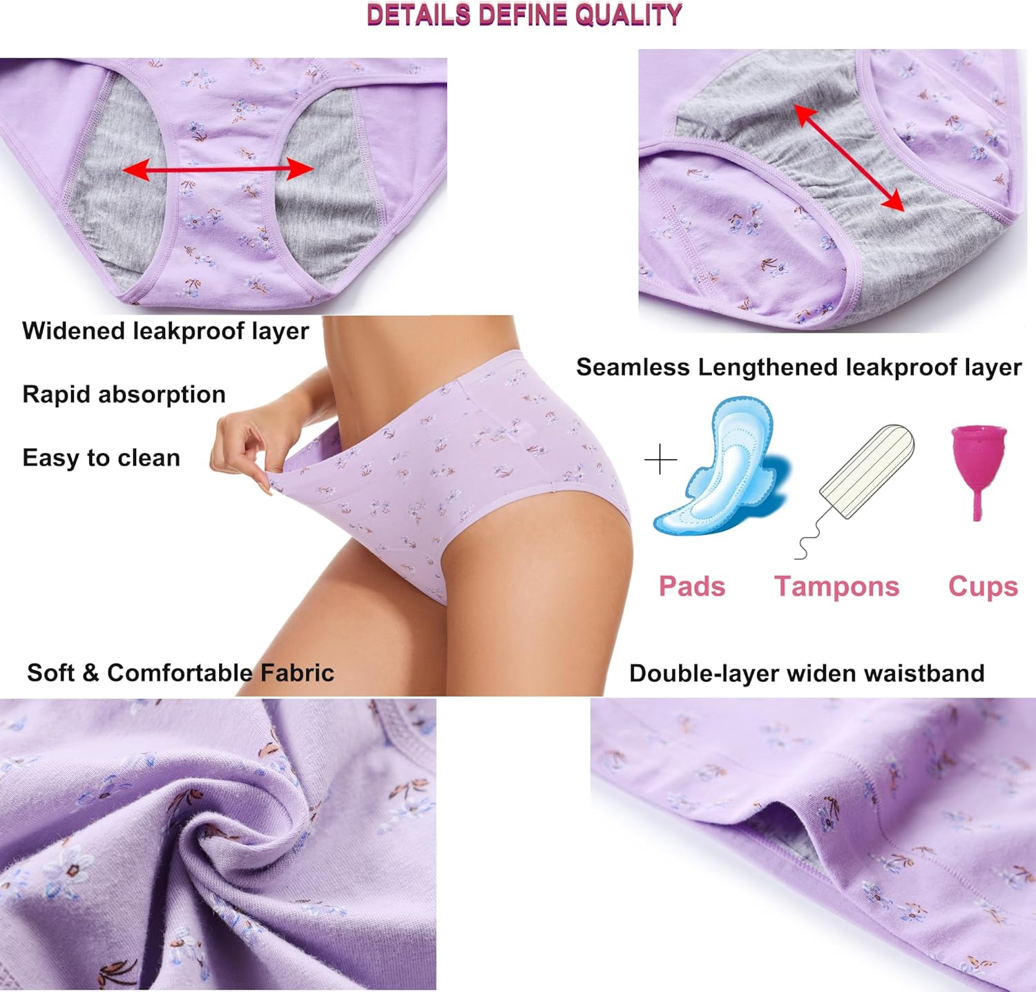 HATSURE Period Underwear for Women Leak Proof Cotton Overnight Menstrual Panties Briefs (Multipack) - Image 5
