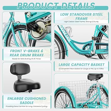 DoCred Adult Trikes, 20/24/26 Inch 7 Speed Adult Tricycles, Three Wheel Bikes with Basket for Women and Men, Cruise Bike Adults Tricycle for Recreation Shopping Exercise, Multiple Colors