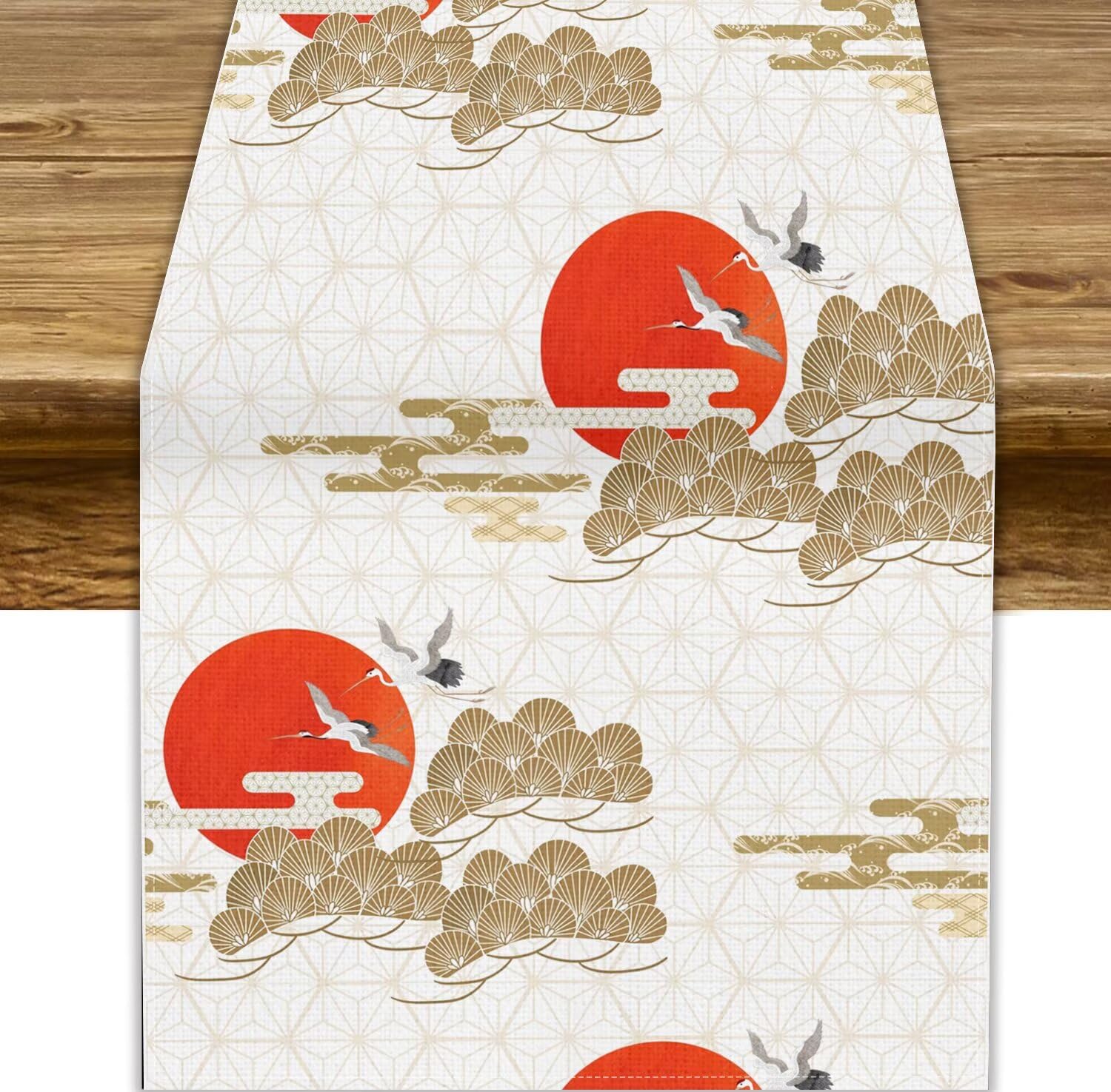 Japanese Cherry Blossom Crane Table Runner, Asian Oriental Pine Tree Chinese Table Runner for Home Party Kitchen Dining Table Wedding Party Decor 13x70in