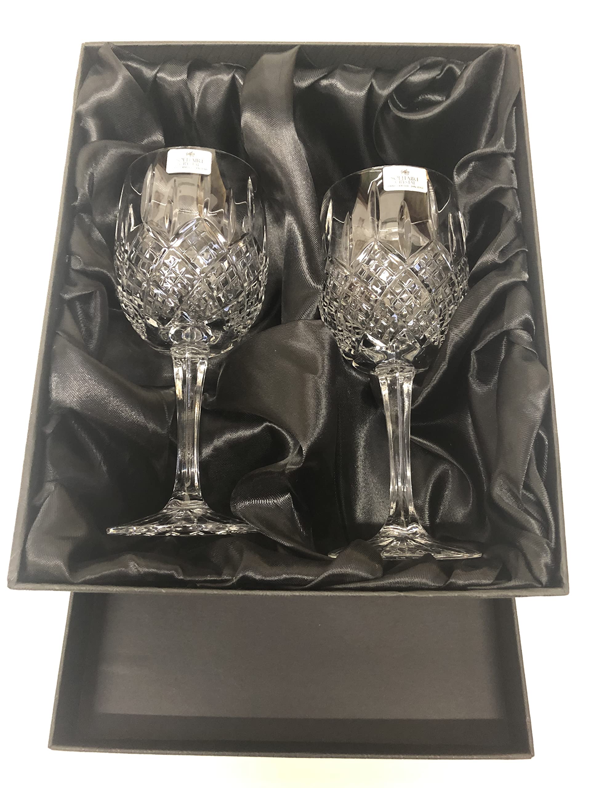 DGS Country Crafts Pair of 24 Percent Hand Cut Lead Crystal Red Wine Glasses in Silk Lined Presentation Box