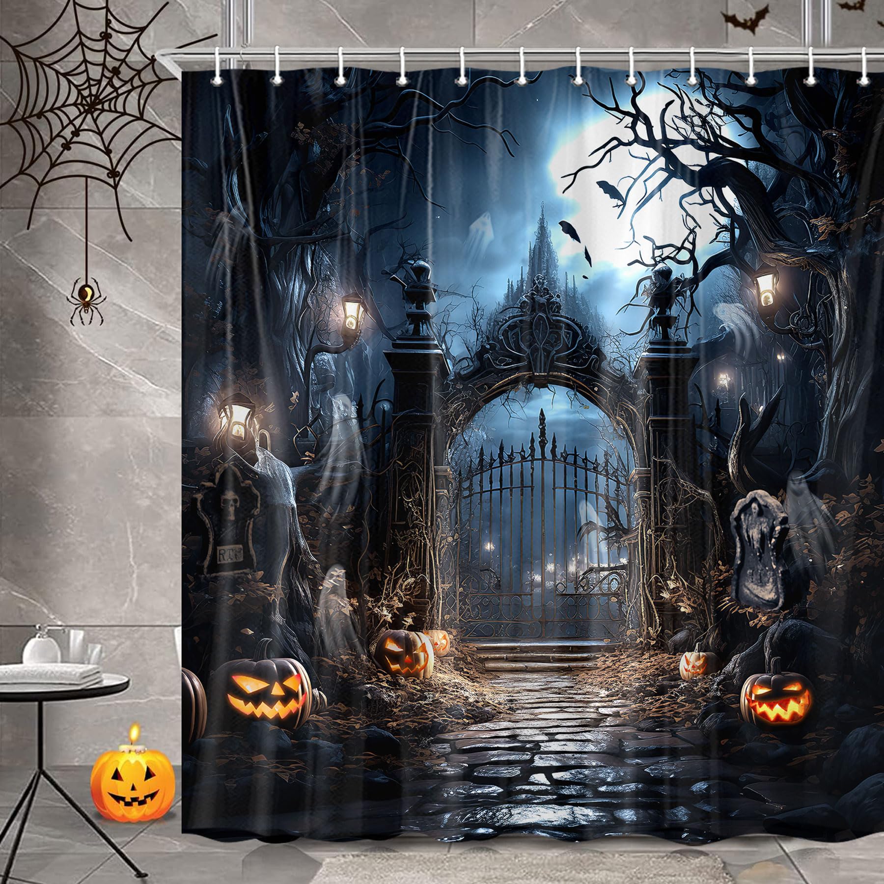 Halloween Duschvorhang – Gruselige Geister-Motive, Schwarz-weiß, 178 X 178 Cm