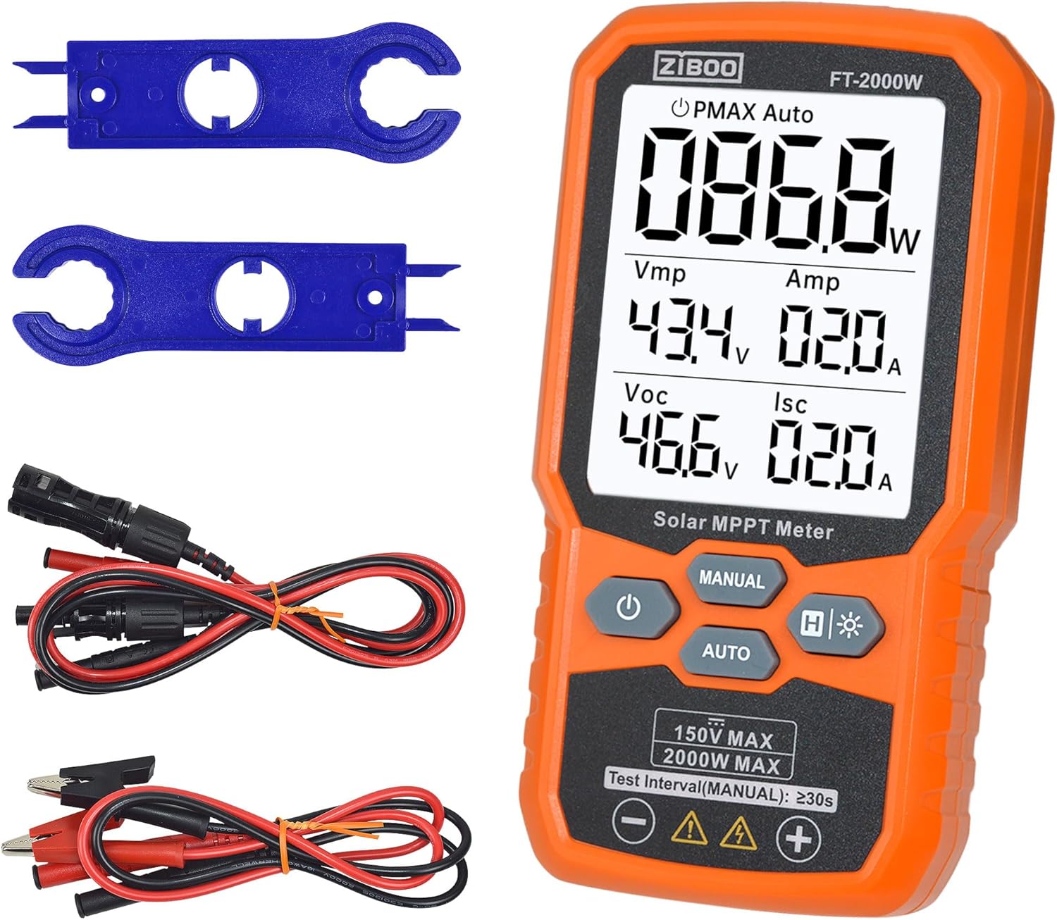 ZIBOO FT-2000W Photo voltaic Panel Tester MPPT Meter – 2000W Max Energy, 150V/35A PV Module Tester for Voc/Isc, Open Circuit Voltage & Brief Circuit Present, with Backlight & Information Maintain