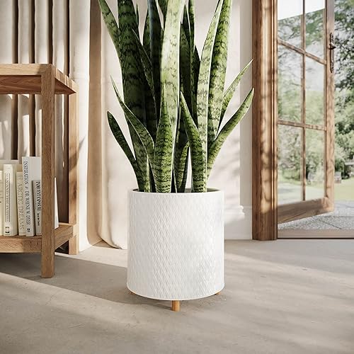 Miniatura 6 de EverNest Claire Modern Maceta de interior con soporte de madera, patrón blanco, 8 pulgadas, SelectBase, estilo moderno neutro de mediados de siglo,