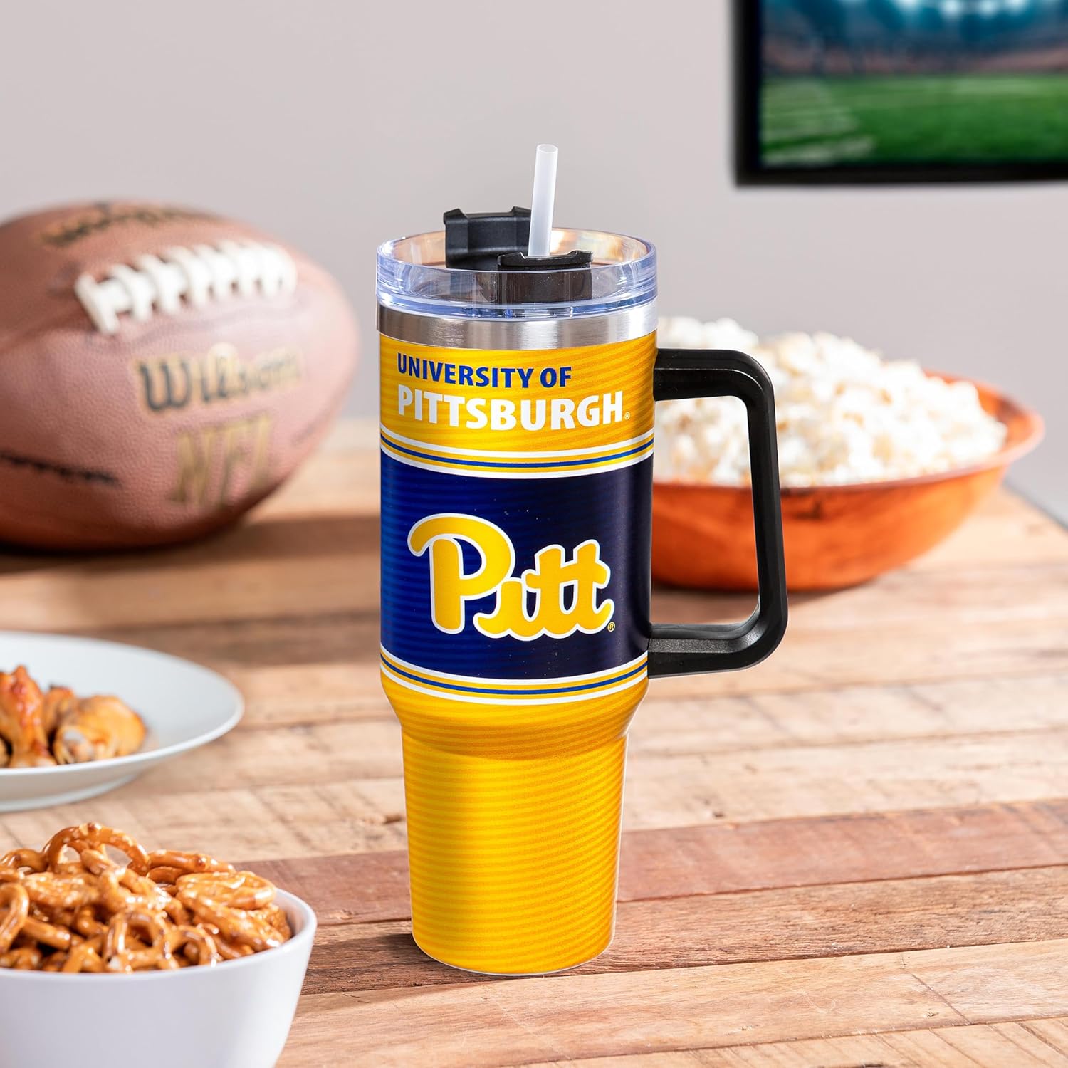 NCAA University of Pittsburgh Stainless Steel Tumbler with Handle and Straw, 40oz Double Wall Insulated Cup with Lid, BPA-Free Water Bottle, Officially College Travel Mug for coffee, tea
