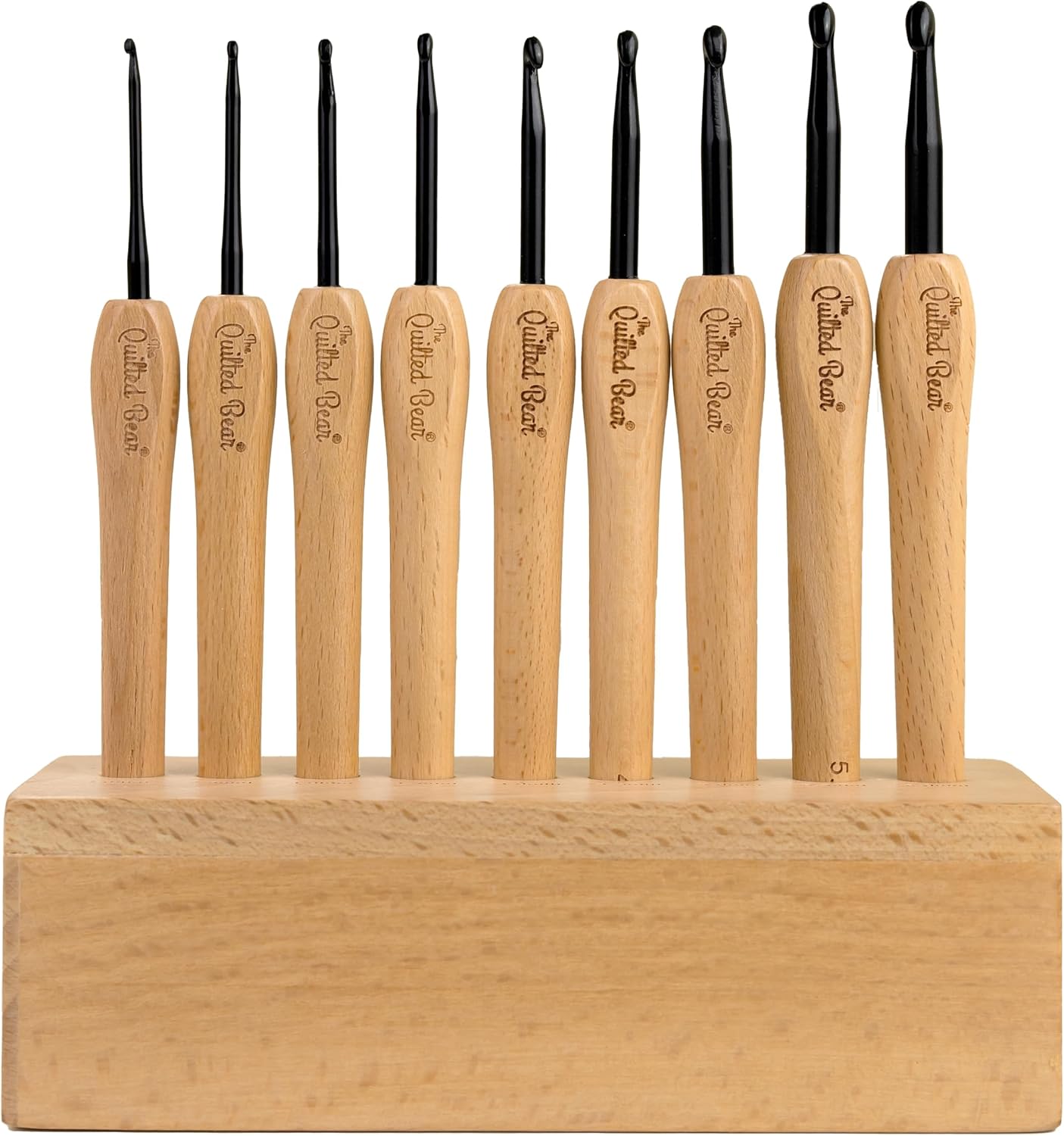 The Quilted Bear Wooden Crochet Hooks with Box – 9 Piece Crochet Hook Set with Stylish Beech Wood Ergonomic Hooks with Durable Steel Hook Heads (Wooden Display Box Included)