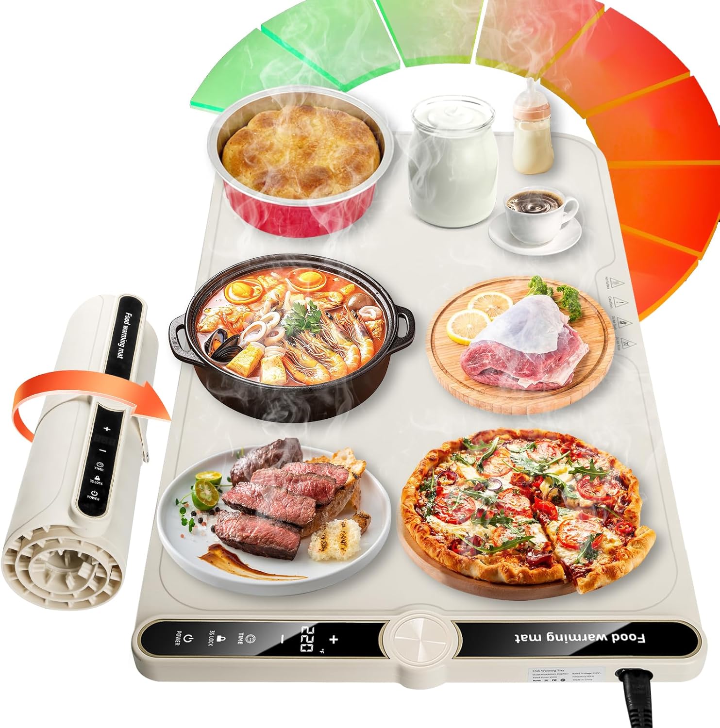 Food Warmer Mat for Buffet Electric Warming Trays for Party Food Trays Food Warming Mats for Countertop with 9 Temp. 104-248F,8s Fast Food Heating Pad 6 Timers Roll up Silicone Warming Mat 24x15