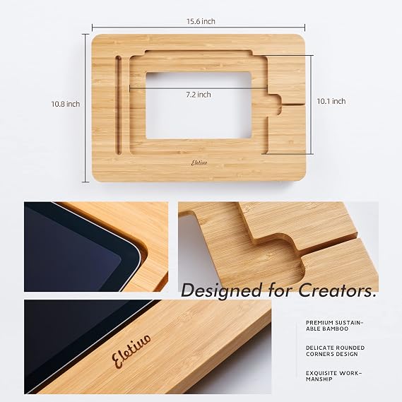 ELETIUO Adjustable Tablet Stand with Pencil&Charger Cable Slot,Bamboo Wooden Stand with Multiple Angles,Organizer Desktop Holder for Drawing,Compatible with ipads(Support to 9.7-11 Devices)