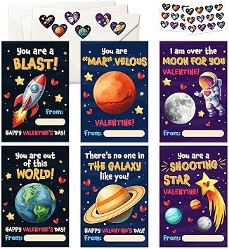 Pawzity 36 Packs Valentines Day Cards for Kids - Valentines Day Gifts for Kids Toddlers Classroom School Party Favors - Universe Planets Rocket Ship Galaxy 3.2x 4.7 Exchange & Envelopes, Stickers
