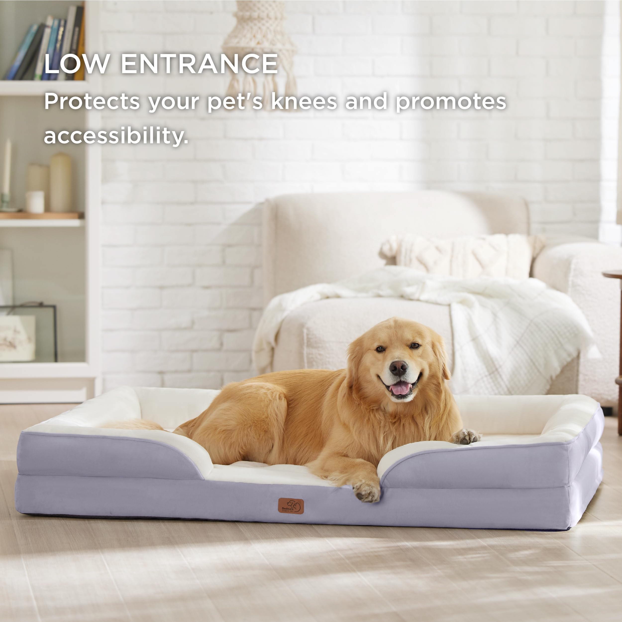 Bedsure Letto per Cani Grande 134x106x20cm - Divano per Cani Taglia Grande in Uovo Foam, Colore Lilla, Cuscino per Cani Sfoderabile e Lavabile