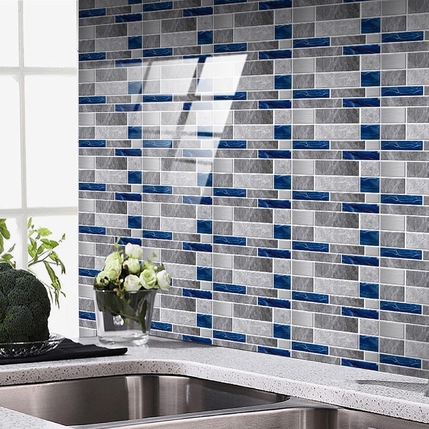 24-Sheet Premium Self-Adhesive Kitchen Back Splash Tiles in Marble, Peel and Stick Tile for 3D Stickers Kitchen, Bathroom, Counter Top, Marble Design 3.9 x 78.7 (Blue)