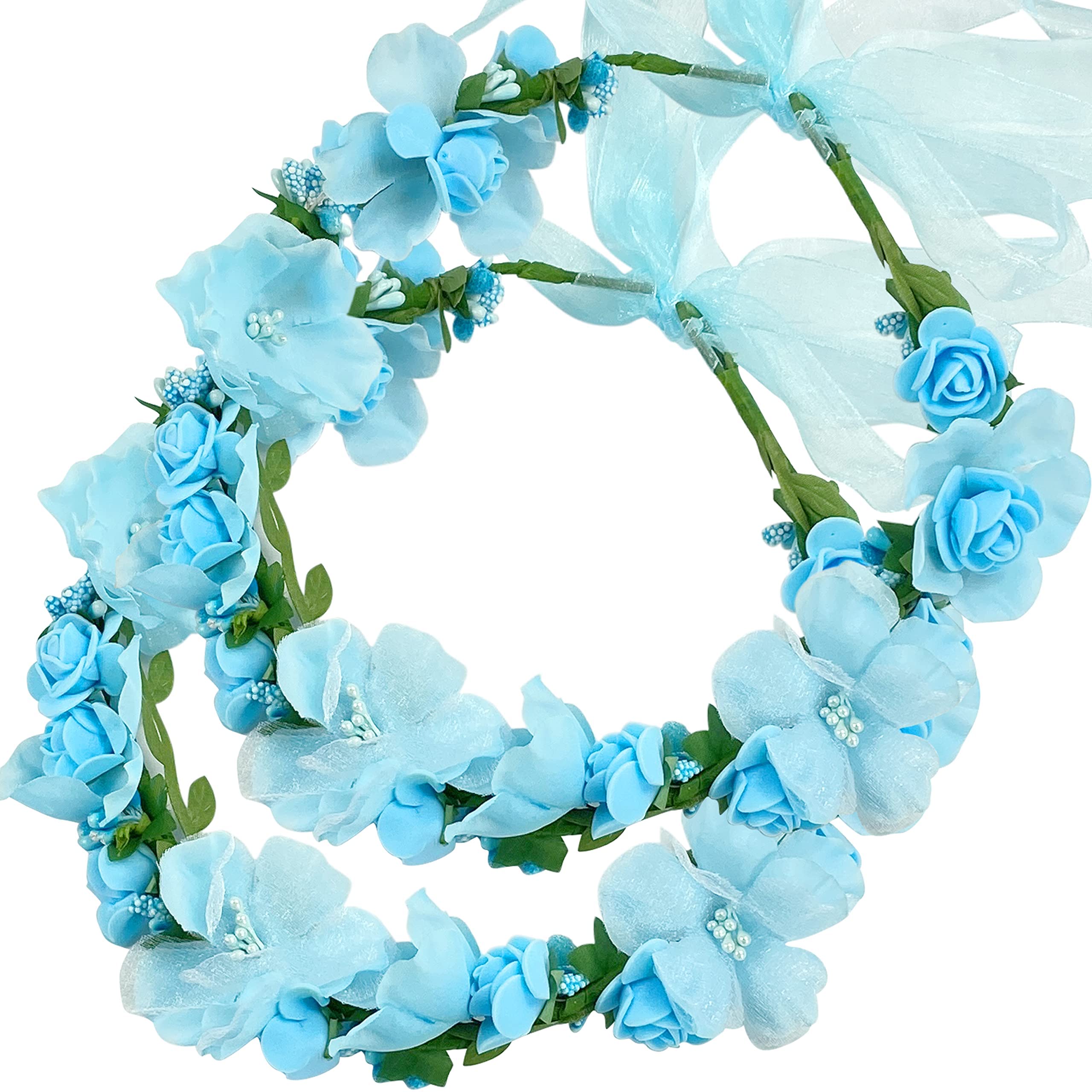 KASTWAVE Adjustable Flower Crown Headband, Boho Flower Headband Hair Wreath Floral Garland Crown Halo Headpiece with Ribbon Women Girl Festival Wedding Festival Party (Blue)