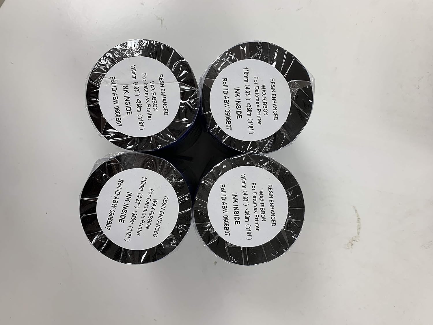 Thermal Transfer Printer Ribbon Roll – Bulk Black Standard Resin-Enhanced Wax Ribbons (4.33" x 1181'/110mm x 360m) – Compatible with Datamax Printers & More (4 Rolls)